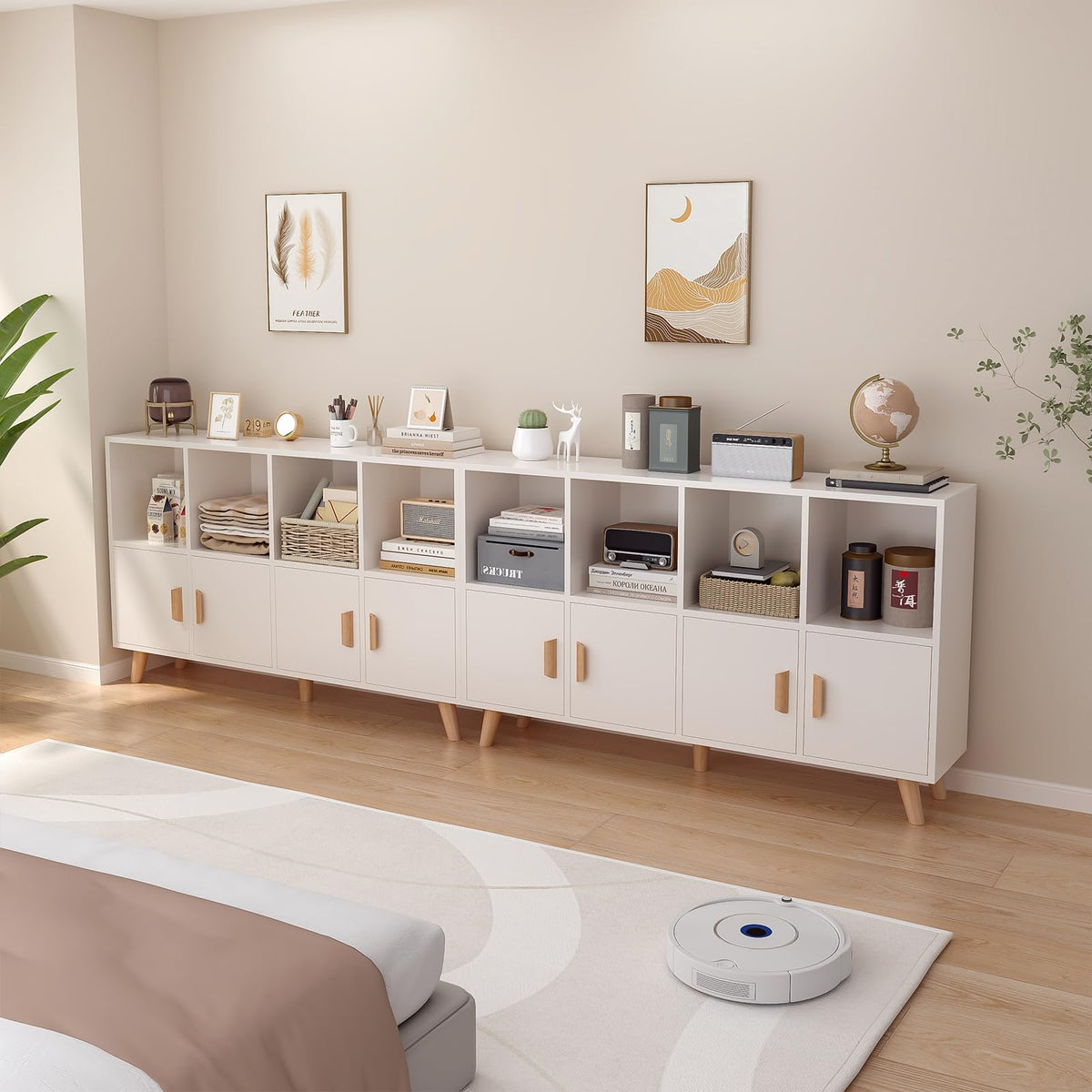 OSCHF Cubby Shelf Bookcase with Doors - Wooden 8 Cube Floor Standing Open Bookshelf with Solid Wood Legs, 2-Tier Low Storage Cabinet, Warm White