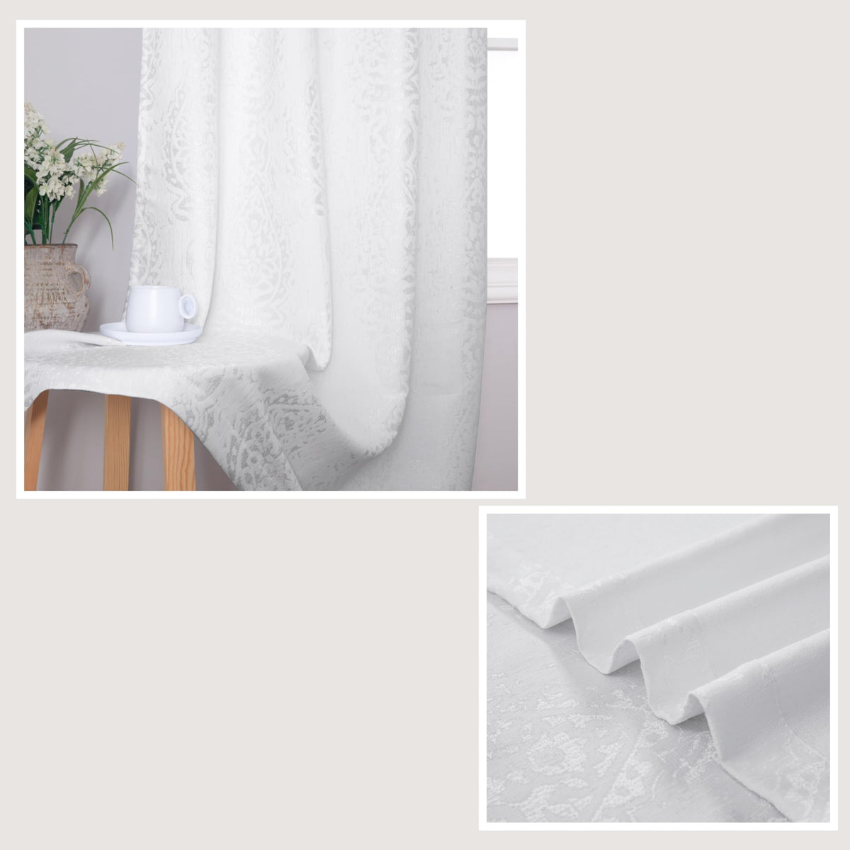 Mrs.Naturall Off White Curtains 84 Inches Long for Bedroom,Jacquard Embossed Damask Moroccan Semi Room Darkening Boho Pattern Design Curtains 84 Inch Length 2 Panels Set,Cream Ivory