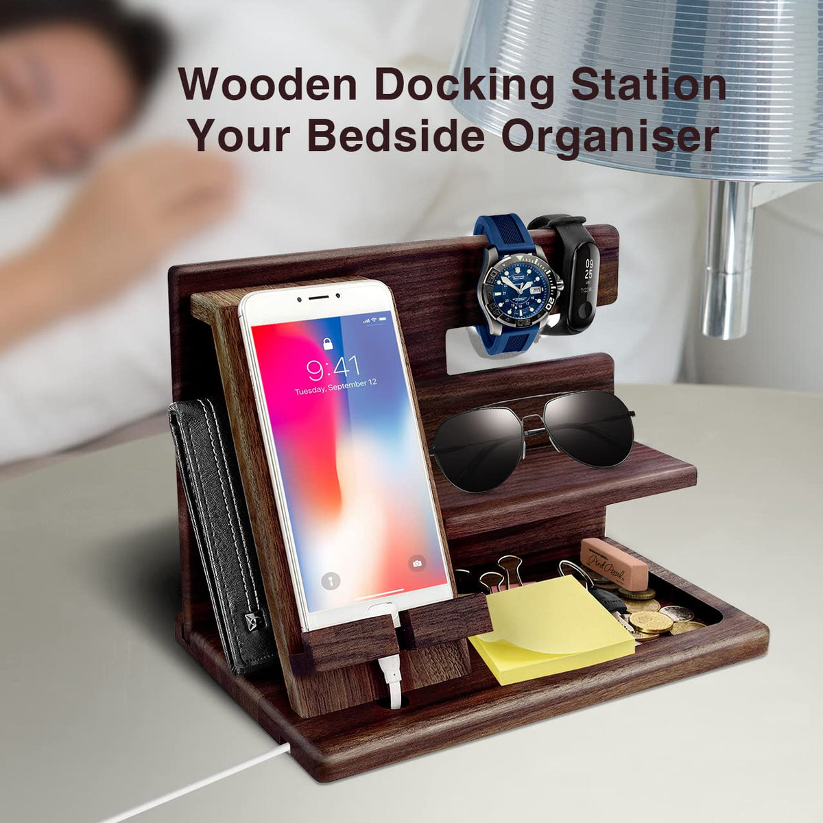Gifts for Men Christmas, Wood Phone Docking Station, Mens Gifts for Birthday or Gifts for Dad Fathers Day, Desk Workspace Organizer Nightstand Organizer Key for Wallet & Watch Holder Husband Christmas