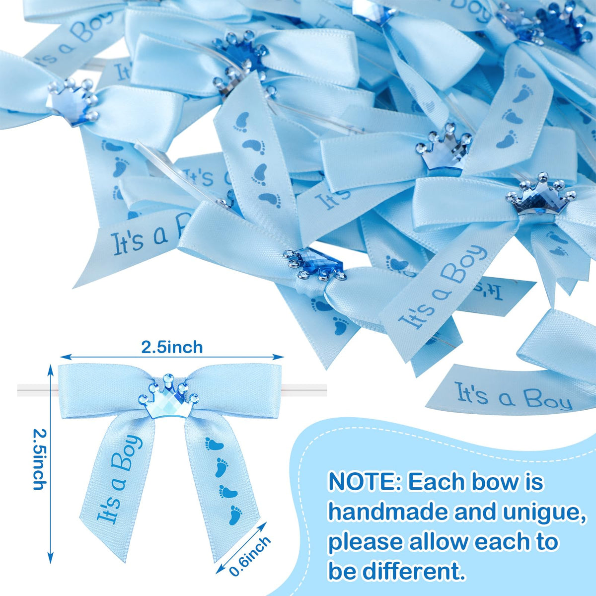 Wavwavw 100 Pcs Baby Shower Satin Ribbon Twist Tie Bows 2.5" Pre Tied Craft Bow Baby Foot Print Ribbon Bows for Baby Shower Birthday Party Treat Bags Gift Wrapping Basket Decor (Baby Blue)