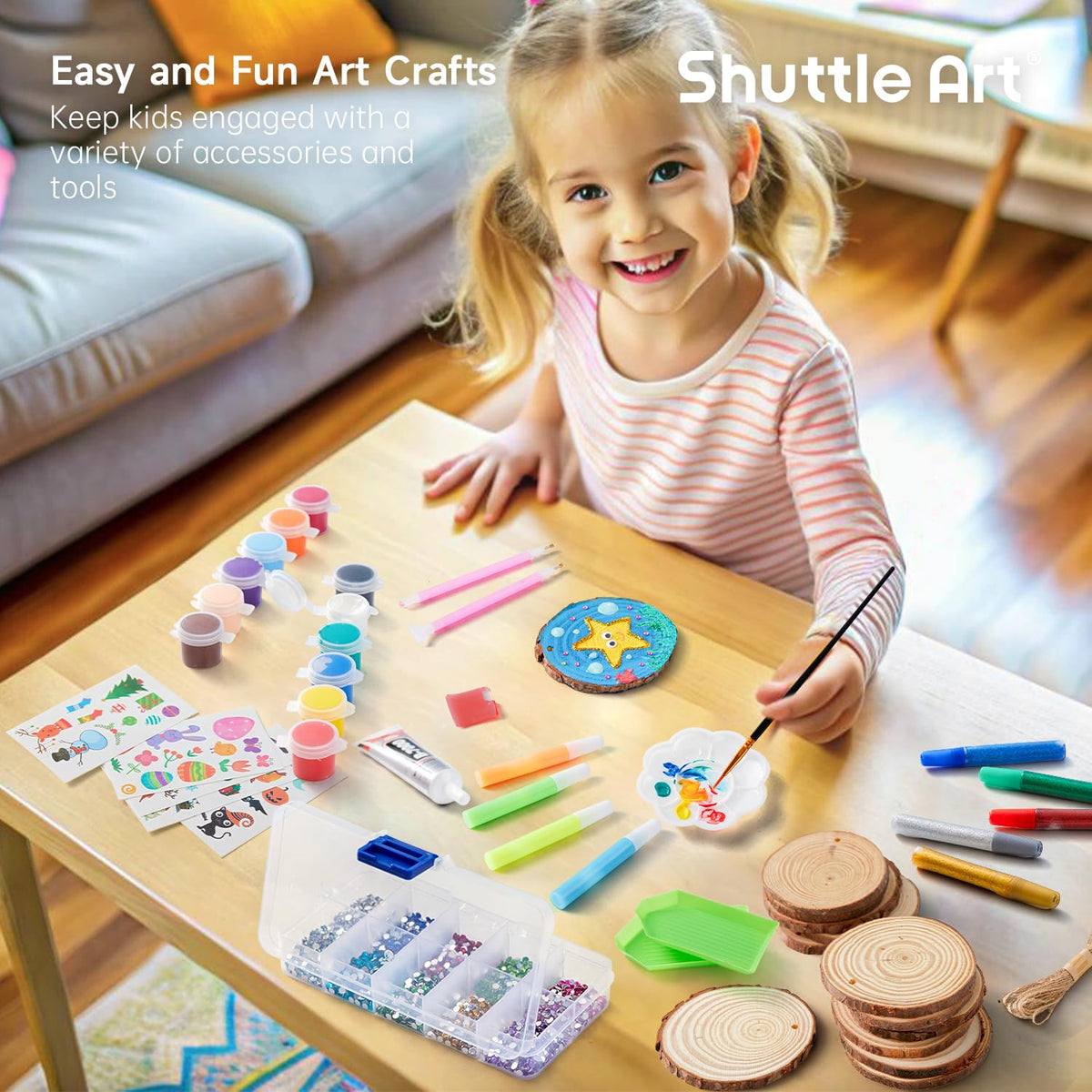 Kids Wood Painting Craft Kit, Glow-in-the-Dark Paint and Diamond Painting on Wood Slices with Stickers & Wiggle Eyes, Ideal Arts and Crafts for Kids Ages 5-12, Gifts for Halloween, Christmas, Birthday