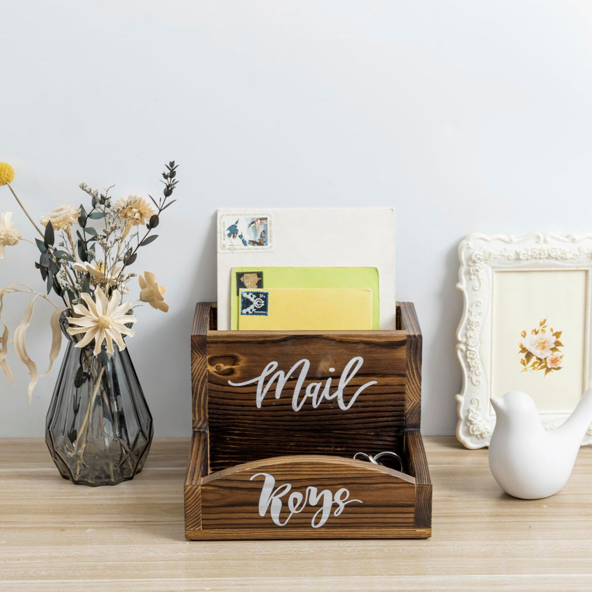 MyGift Rustic Burnt Solid Wood Mail Holder and Key Organizer, Entryway Storage Tray or Office Desktop Organizing Bin with White Cursive Lettering Labels