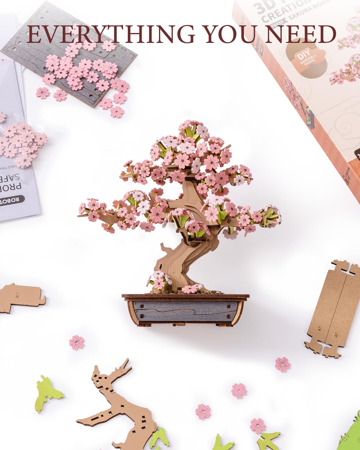 Rolife 3D Wooden Puzzle Flower for Adults, DIY Sakura Bonsai Tree Plants for Home Table Decor, Creative Cherry Blossom Crafts Birthday Model Building Kits Toys