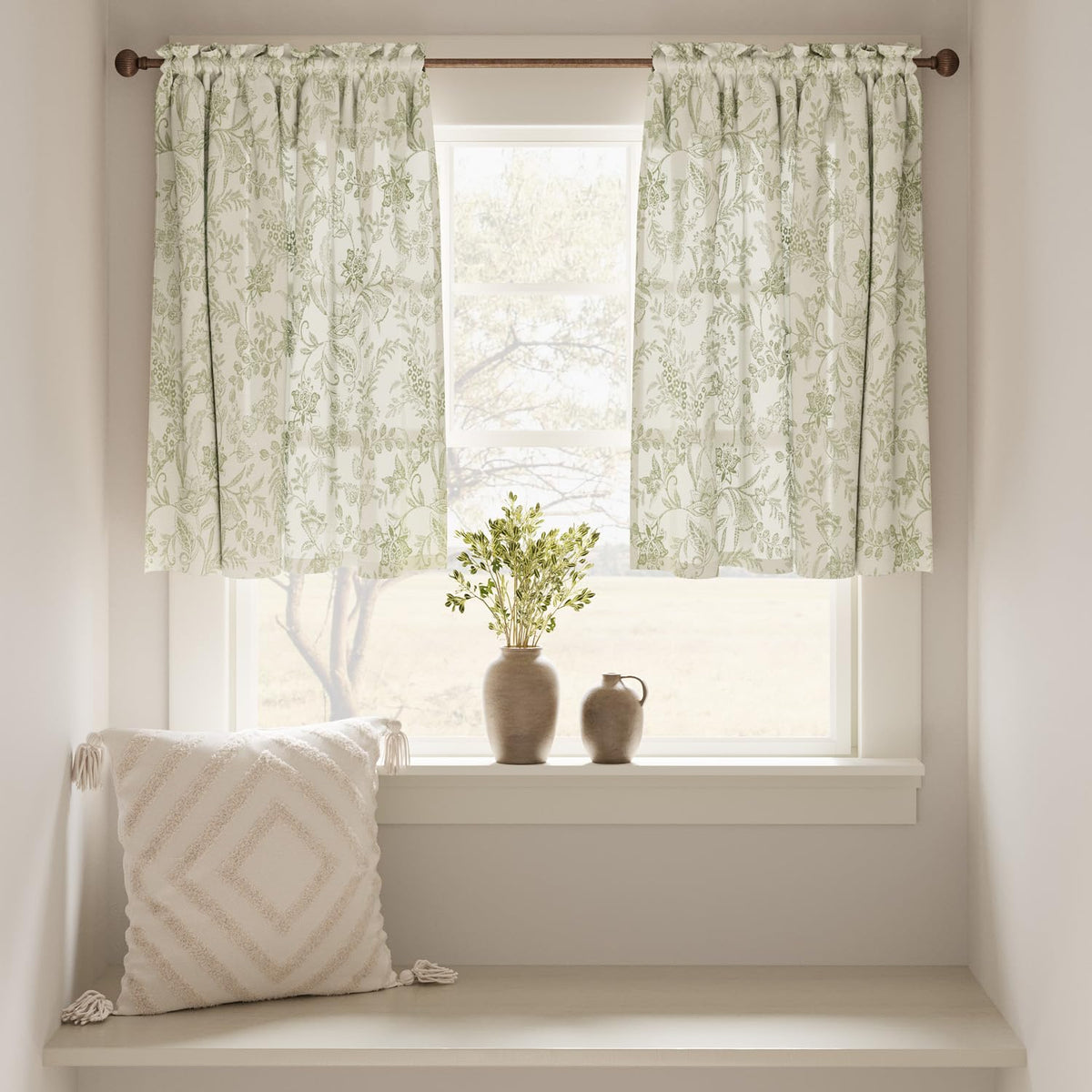 jinchan Floral Kitchen Curtains 36 Inch Long 2 Panels Sage Green on Beige