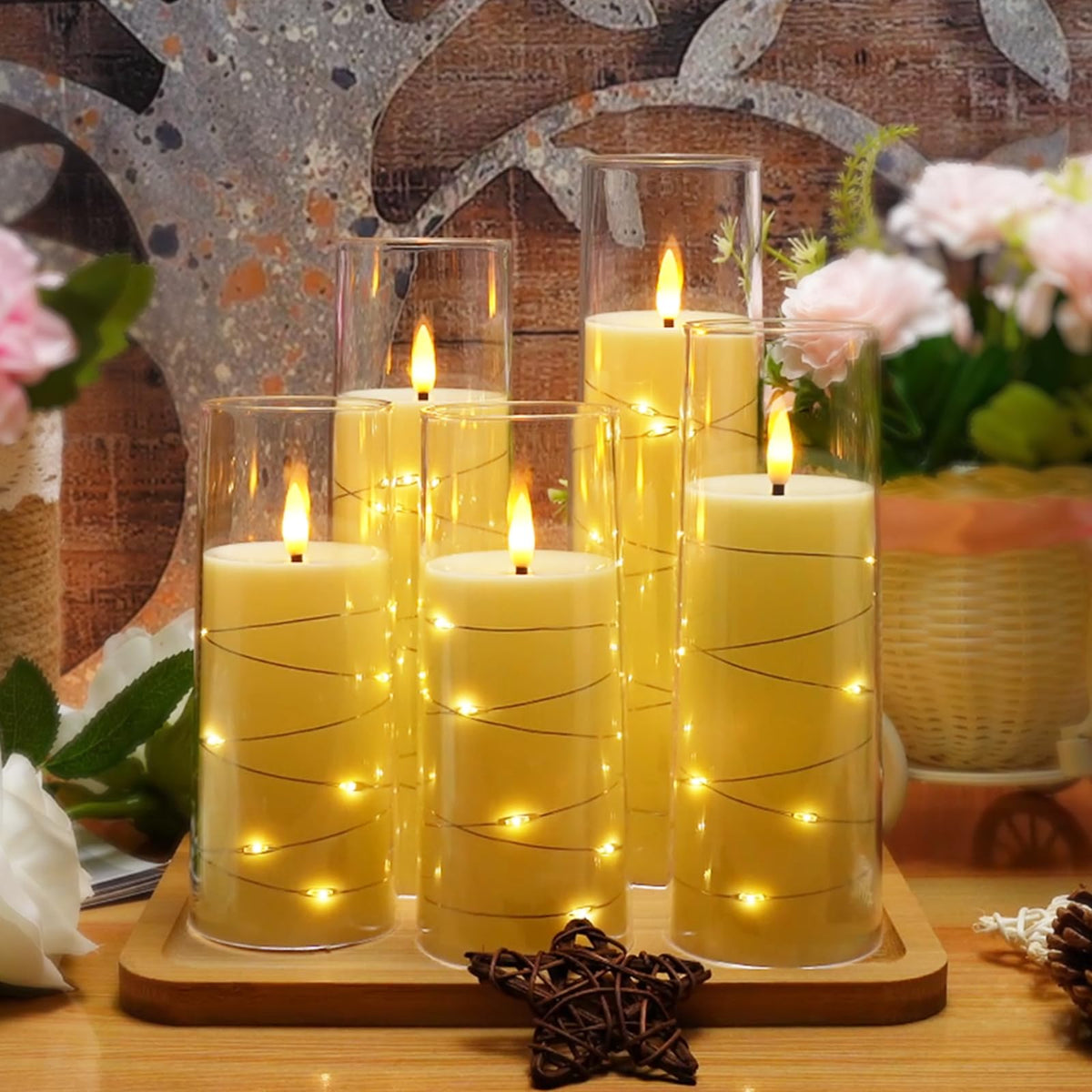 kakoya Flameless LED Candles with Timer 5 Pc Flickering Flameless Candles for Romantic Ambiance and Home Decoration Stable Acrylic Shell,with Embedded Star String，Battery Operated Candles（Ivory）