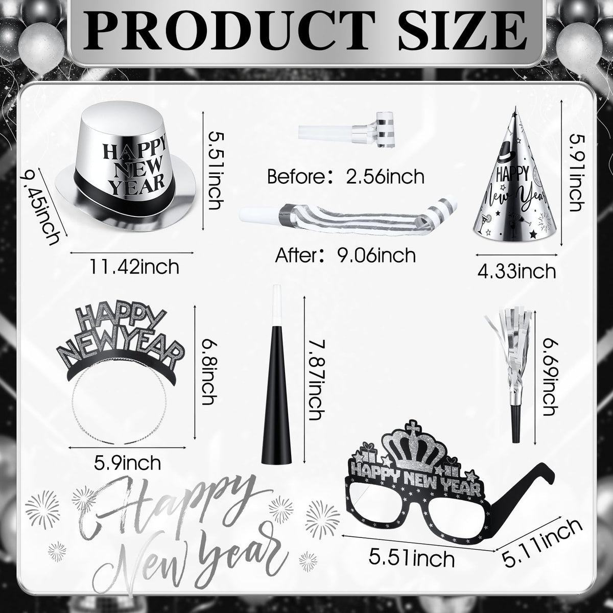 Junkin 54 Pcs New Years Eve Party Supplies 2026 Kit for 24 Guests Include Top Hats Cone Hats Glasses Headbands Blowing Dragon Trumpet Happy New Year Decorations Bulk Party Favors (two-tone)