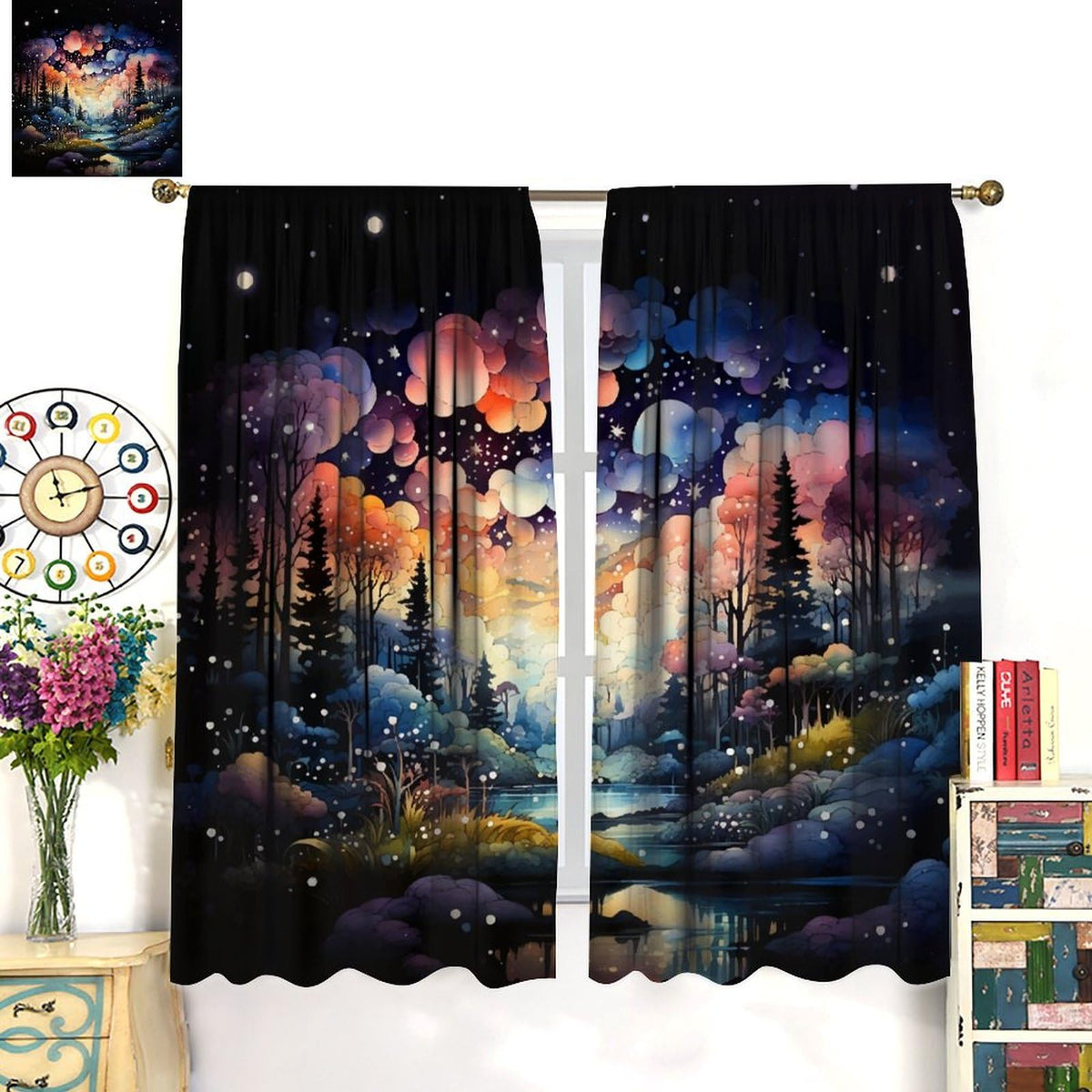Fantasy Forest Curtains, Colorful Dreamy Mystic Fairy Tale Magic Jungle Under Starry Sky, Thermal Insulation Blackout Rod Pocket Window Treatments for Living Room Bedroom Bathroom (21x45in) x2 Panels