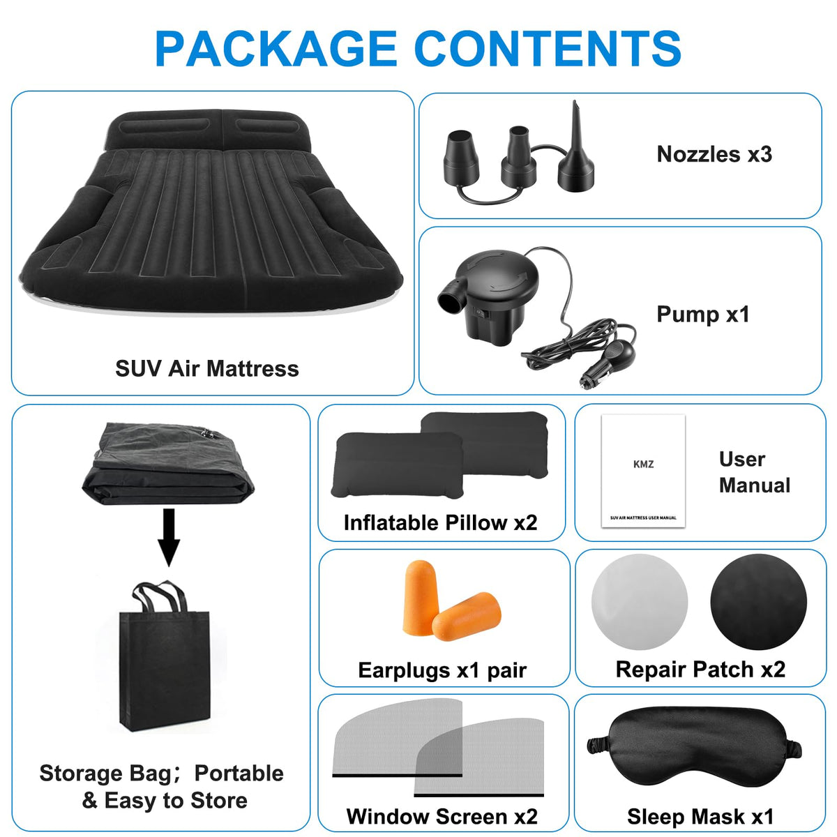 KMZ SUV Air Mattress with Electric Pump, Thick Double-Sided Flocked Camping Bed, Includes 2 Pillows & 2 Window Screens, Inflatable Travel Mattress for SUV Trunk and Rear Seat – Black