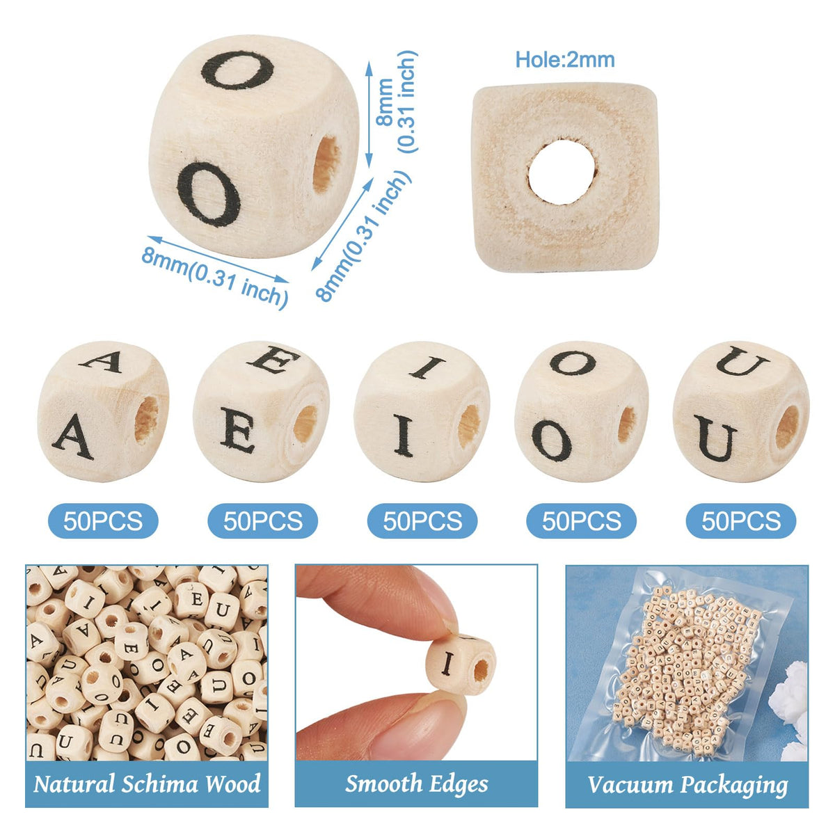 Spritewelry 250Pcs 8mm Wood Initial Letter Beads Cube Natural Wooden Square Bead A E I O U Craft Letter Loose Spacer Beads for Bracelet Necklace Earring Phone Decor Making