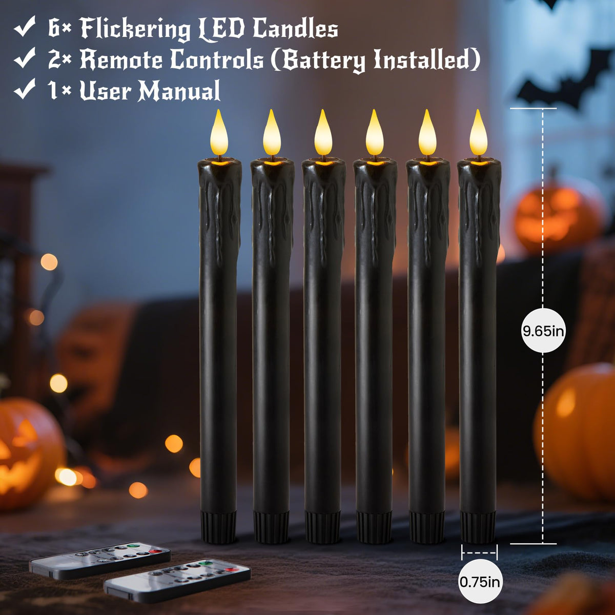 Velsyn Black Flameless Taper Candles with Remote and Timer - 9.65 Inch Real Wax LED Candlesticks - Wax Drip Battery Operated Halloween Taper Candles with 3D Flickering Flame Halloween Decor, 6 Pack