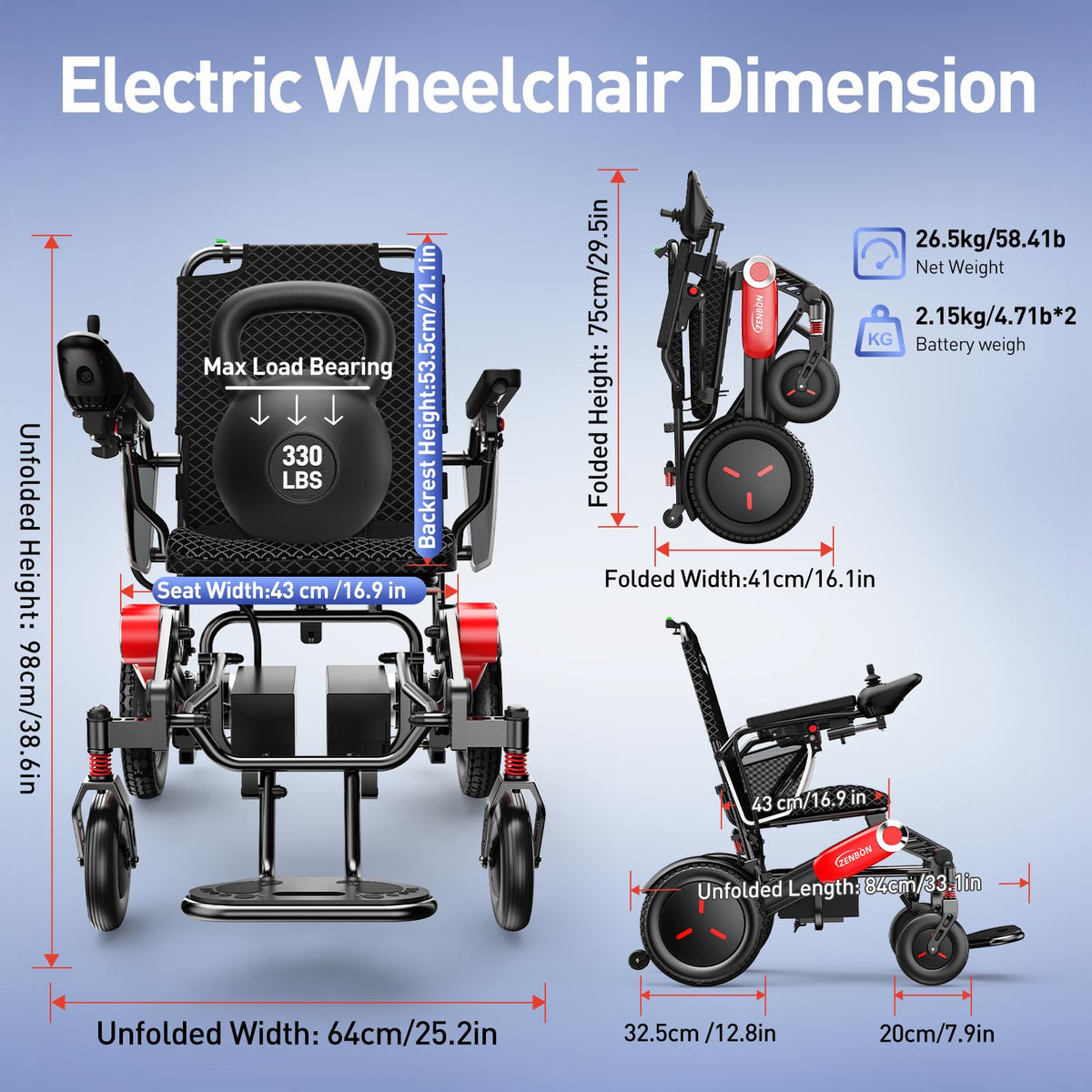 Electric Wheelchairs for Adults ZENBON, 30 Miles Cruise Range, Manual Foldable Powered Wheelchair, Intelligent Motorized Wheelchairs for Seniors, Portable All Terrain Electric Mobility Chair 632A