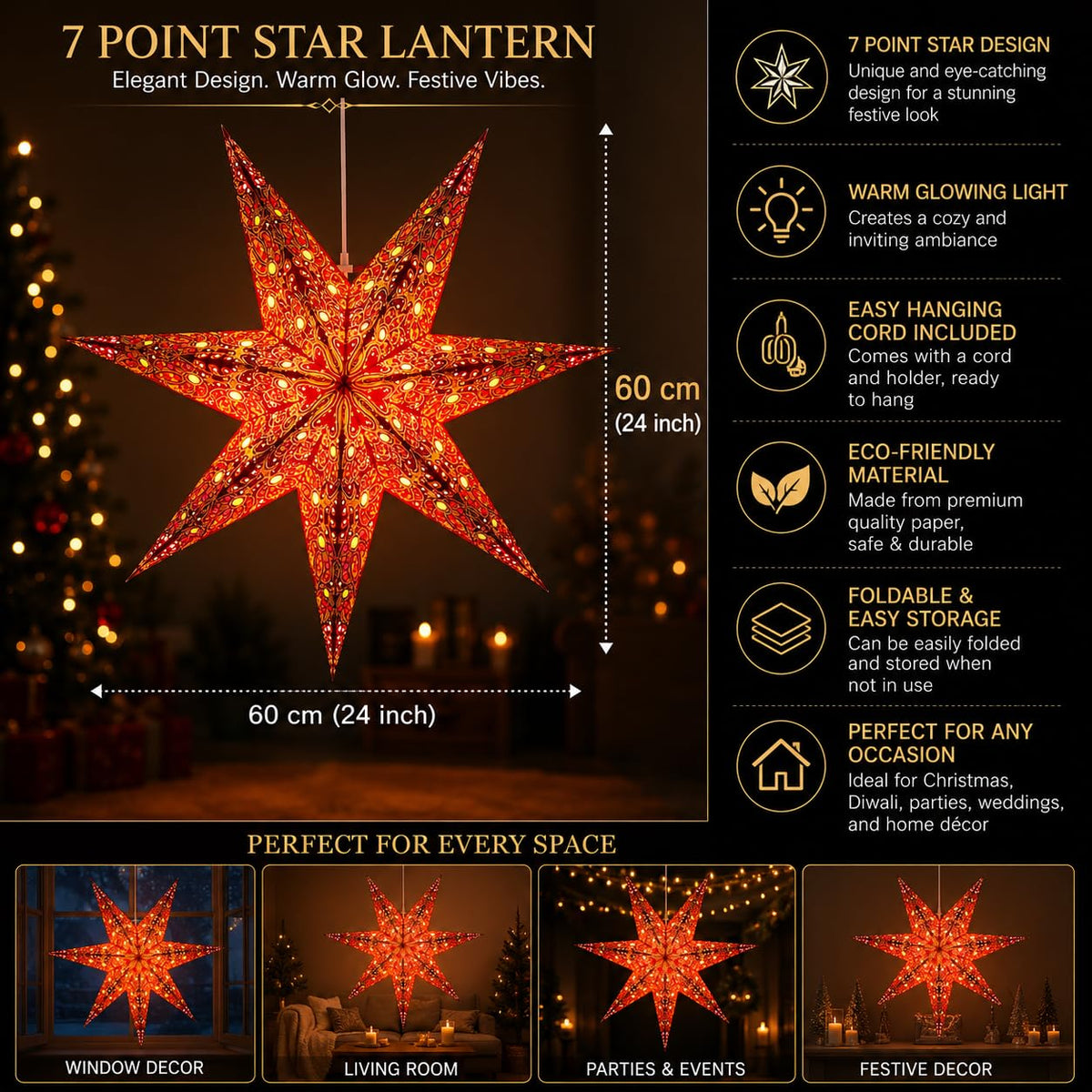 YEPSIO Lantern Lampshade Paper Star Light Shades Large 60cm Hanging Decorations for Christmas Wedding Home Decoration Birthday Party Foldable 7 Pointed Star (Bright Red, Yellow, Orange)