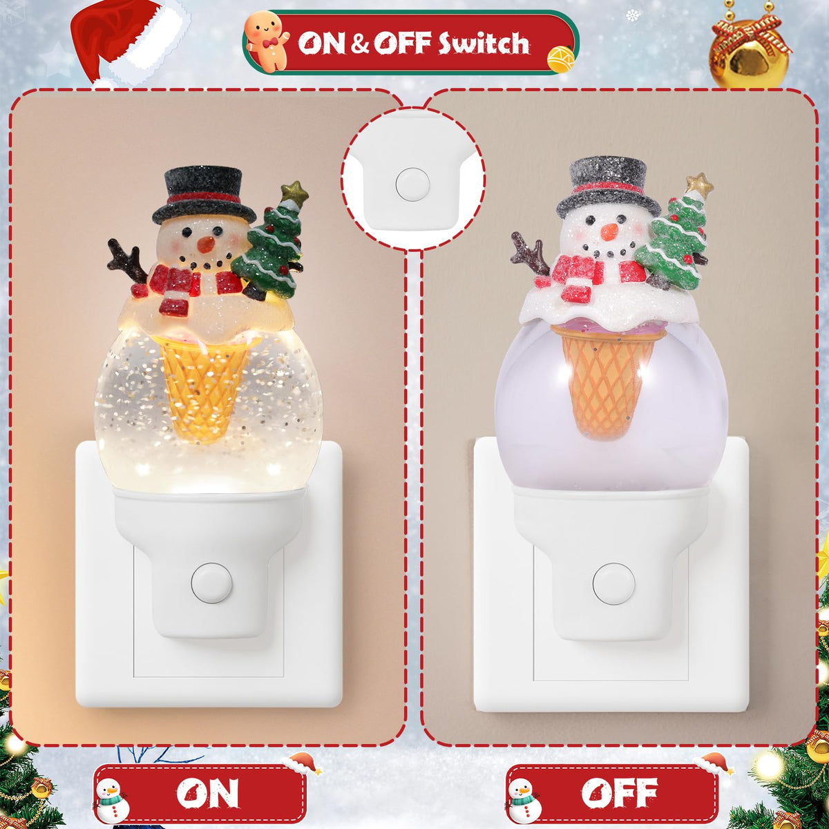 Christmas Night Light Plug into Wall Glitter Water Nightlight with USB/Outlet Options, Christmas Snowman Ice Cream Decorative Nightlight for Bedroom Holiday Decorations Gifts (Snowman Ice Cream)