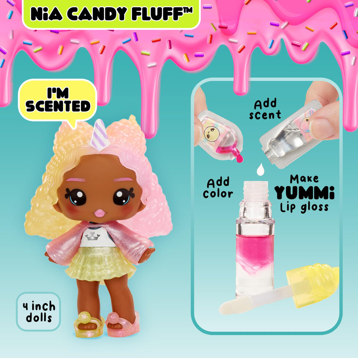 Yummiland Lip Gloss Doll – Nia Candy Fluff, with DIY Lip Gloss Kit, Ages 4+