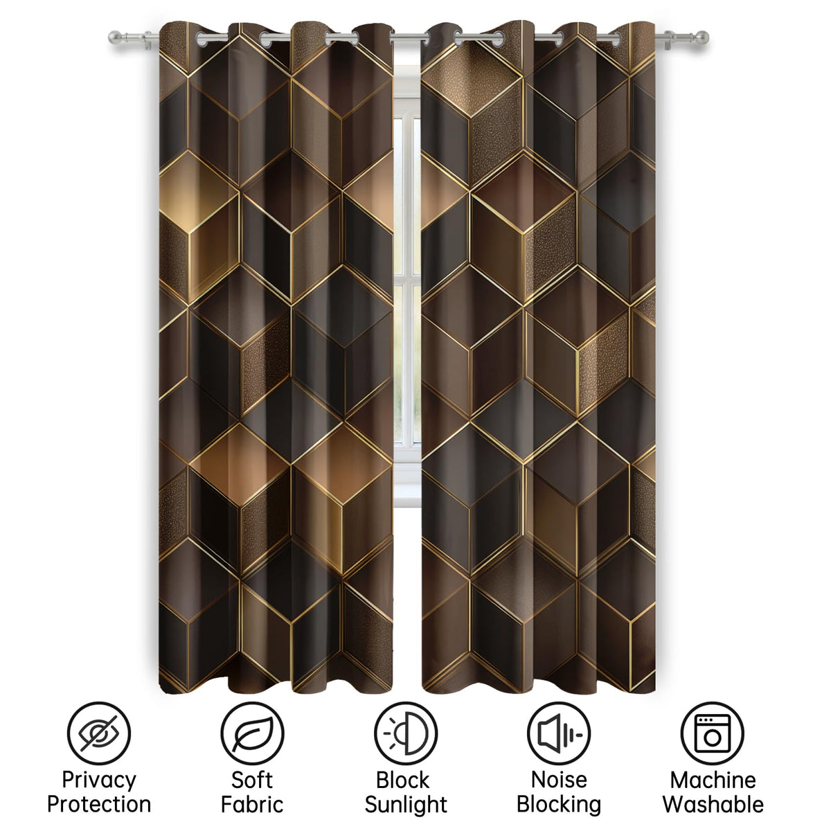 Mistwalk Brown and Gold Curtains 108 Inch Length 2 Panels Set, Patterned Blackout Curtains for Bedroom & Living Room, Room Darkening Thermal Insulated Grommet Drapes, 3D Geometric Window Treatments