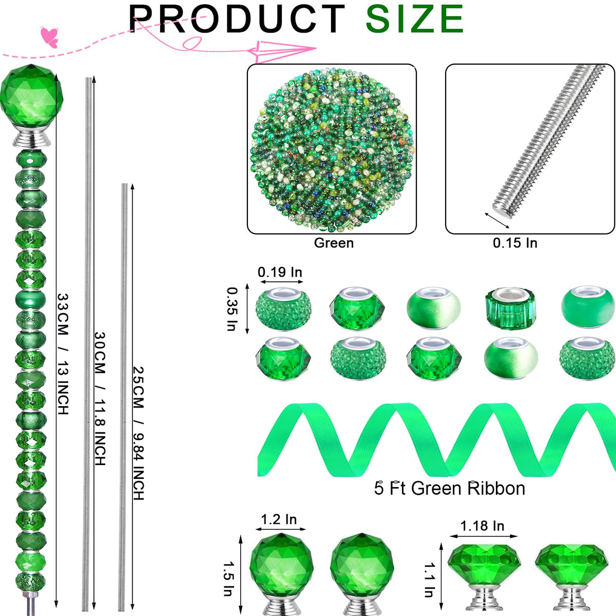119 Pcs Garden Stake DIY Fairy Wand Plant Stake with Green Large Hole Beads Crystal Diamond Stopper Top 4 Stainless Steel Threaded Rod Beaded Garden Stakes for Outdoor Indoor Yard Patio Decorations