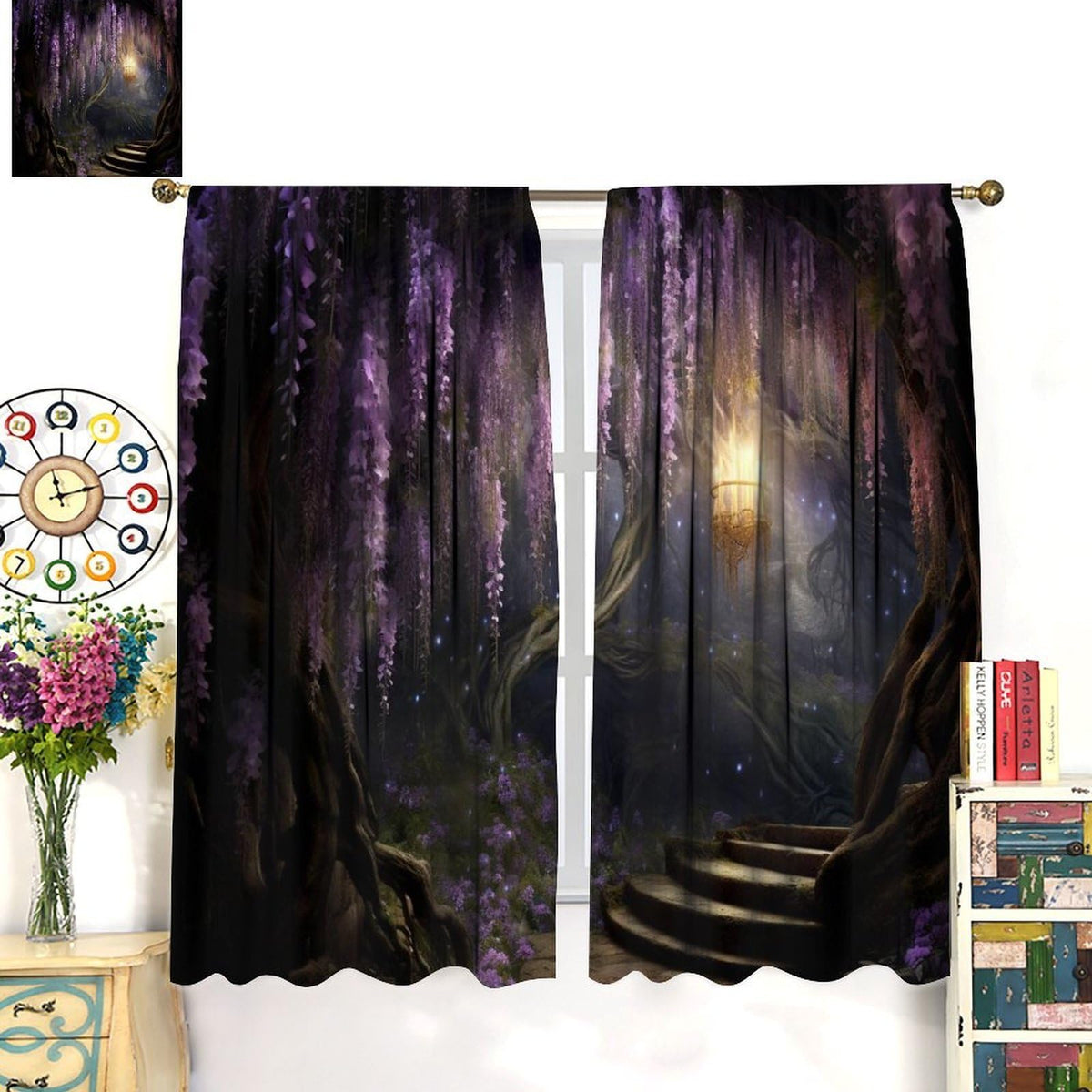 DKMQQUL Fantasy Forest Curtains, Enchanted Wonderland Purple Wisteria Flower Lanterns Nature Scenery Window Treatment for Living Room Office Bedroom Kitchen Drapes, 42x45 Inch