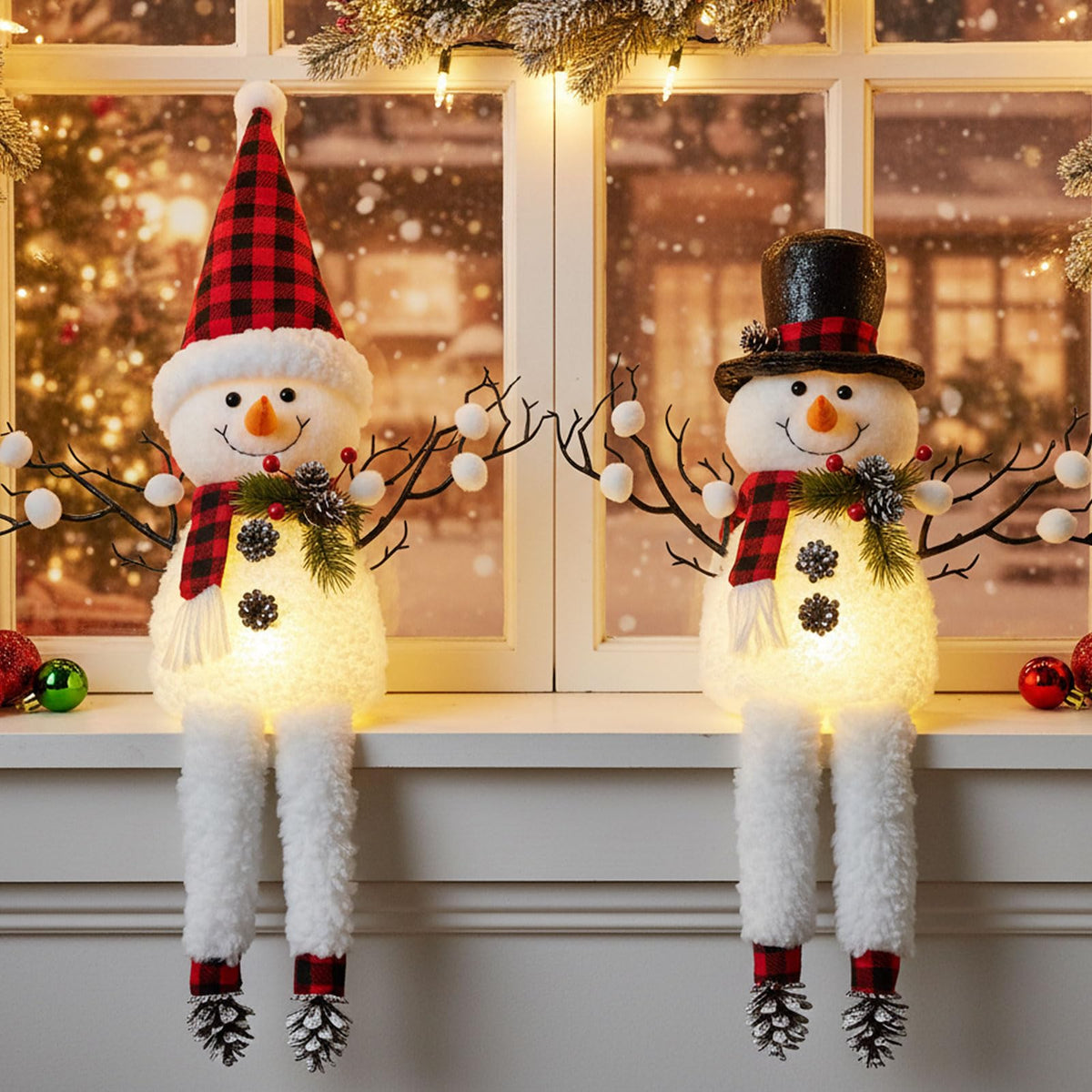 2 Pack Christmas Table Decorations, 18" Lighted Plush Snowmen Christmas Trees with Pine Cone Twigs, Light Up Snowman Holiday Present, Battery Operated Xmas Gifts Tabletop Ornaments (Black and Red)