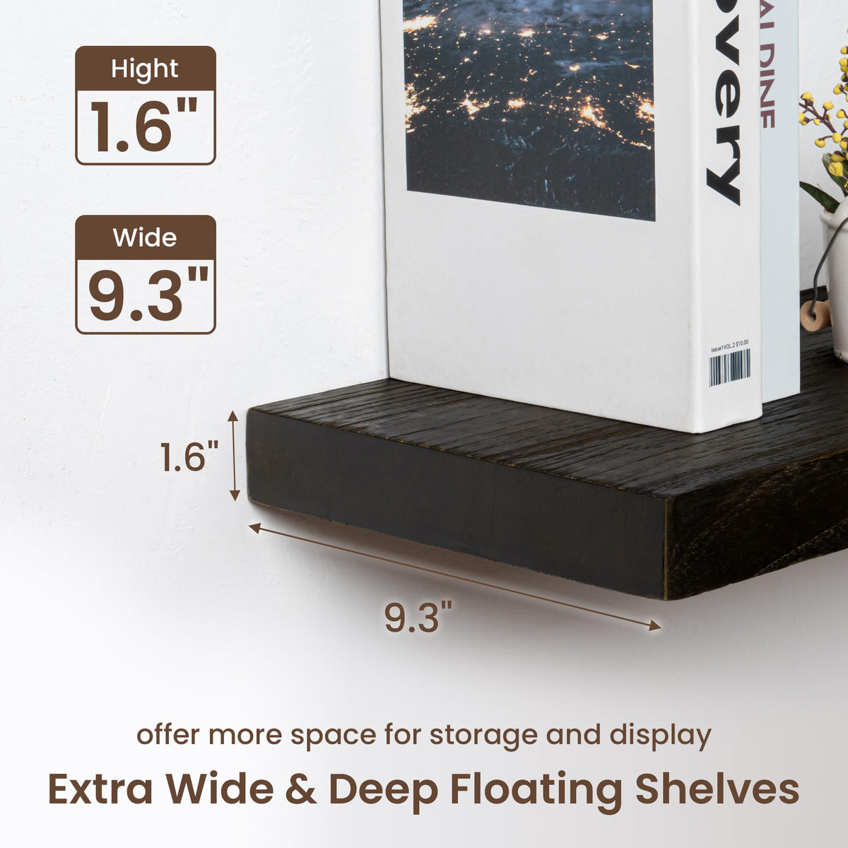 fuqing Floating Shelves for Wall - 48 Inch Dark Wood Shelves Set of 1-48 Inch Wide x 9.3 Inch Deep x 1.6 Inch Thick Wooden Wall Shelves for Room Decor & Storage