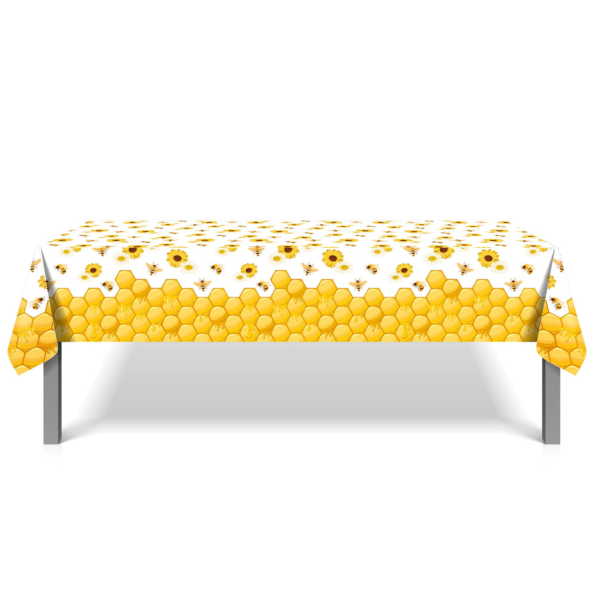 CC HOME 1Pc Bees Party Plastic Tablecloth 54 x 87 Inch Long Table Cover, Honey Sunflower Honeycomb Daisy Party Tablecover for Bee Kids Baby Shower Birthday Dinner Picnic Kitchen Event