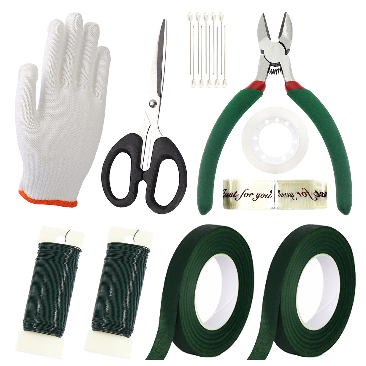 Vignor Floral Arrangement Kit with Green Flower Tape, Metal Wire, Ribbon, Flores Cutter, Scissor, Glove, Boutonniere Pin for Stem Wrap Florist Supplies Bouquet Accessories DIY Craft (10-in-1 Set)