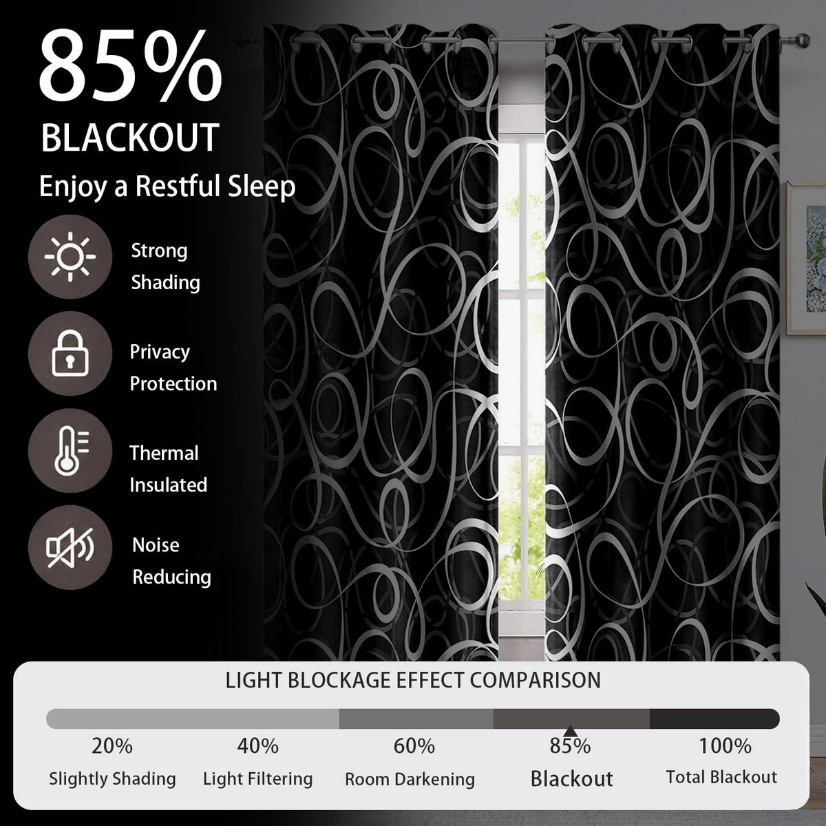JAZEAOI Black White Geometric Blackout Curtains, Modern Abstract Grey Black Out Window Drapes for Bedroom Living Room Grommet Thermal Insulated Room Darkening Decor, 2 Panels 52x84 Inches