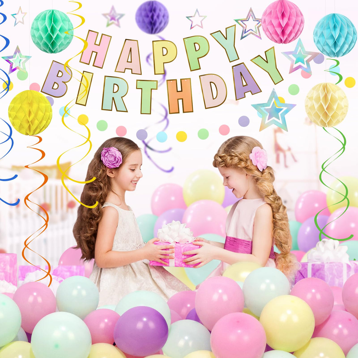 ZERODECO Birthday Decorations, Easy to Assemble Pastel Happy Birthday Banner with Honeycomb Ball, Balloon, Hanging Swirl Streamer, Garland, Happy Birthday Party Decorations for Women Girls Kids