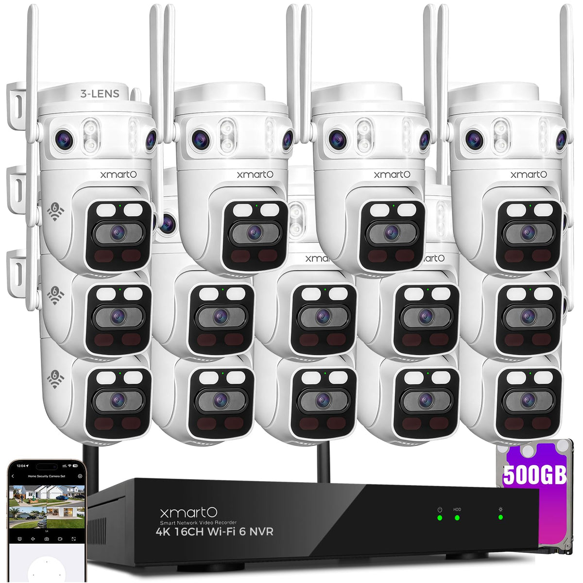 xmartO 16CH 14Pcs 6MP Tri-Lens PTZ Security Camera System, 16CH 4K WiFi 6 Mesh NVR with 500GB NVR, 3-View/Cam, Long Range Wireless, Plug-in 24/7 Home Surveillance, AI Detection, No Monthly Fees