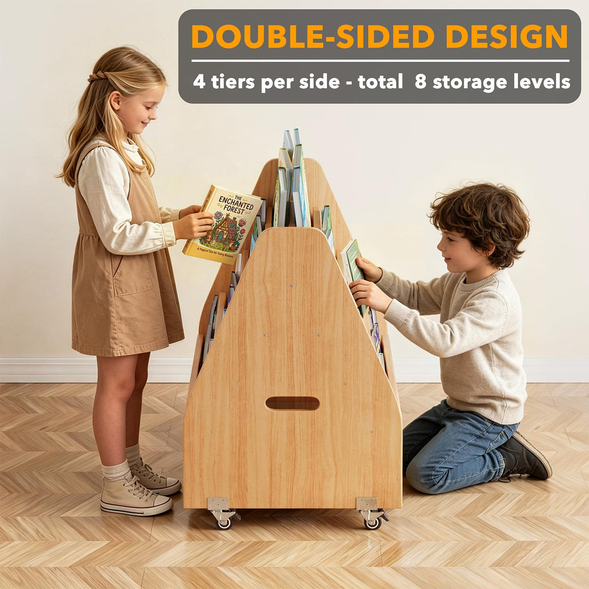 SpaceAid Double-Sided Mobile Bookshelf, Montessori Bookcase for Toddlers, Wooden Book Storage Organizer Shelf Furniture for Kids Rooms, Playroom, Nursery and Classroom, 29.5“ Wide 4-Tier, Natural