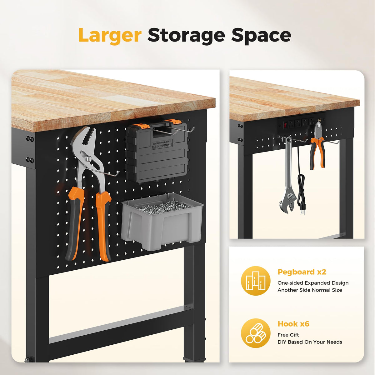 CAMMOO 96" Adjustable Heavy Duty Workbench, 2000 LBS Load Capacity Rubber Wood Work Table with Pegboard, Power Outlets, Work Bench for Garage, Workshop, Office, Home, Commercial, Ships in 2 Boxes