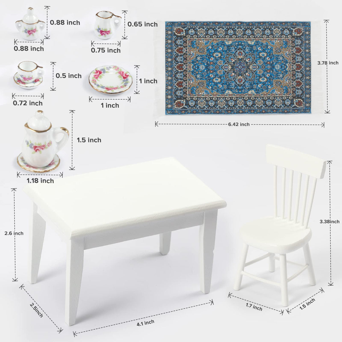 SAMCAMI Miniature Dollhouse Furniture 1 12 Scale - Doll House Furniture Toys for Dollhouse Kitchen - Wooden Dollhouse Furniture Set Incl Dining Table with Chairs, Tea Set, Carpet (White)