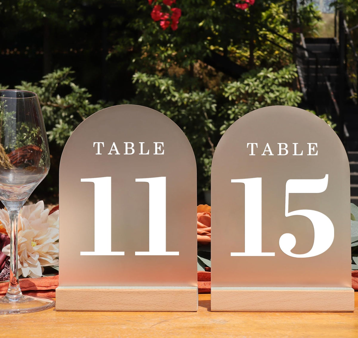 Frosted Blank Arch Acrylic Sign with Wooden Stands - 10 Pack DIY Customizable Sign Kit for Wedding Table Numbers, Restaurant Party Bridal Shower (5x7 Inch)