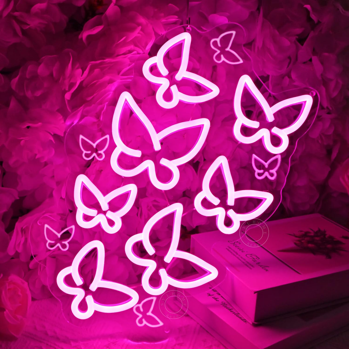 SYLHOME Pink Butterfly Led Neon Light Sign Bedroom Girls Room Kids Room Wall Sign Decor Cute Beauty Salon Birthday Christmas Party Decoration 15.75" X 10.1" USB