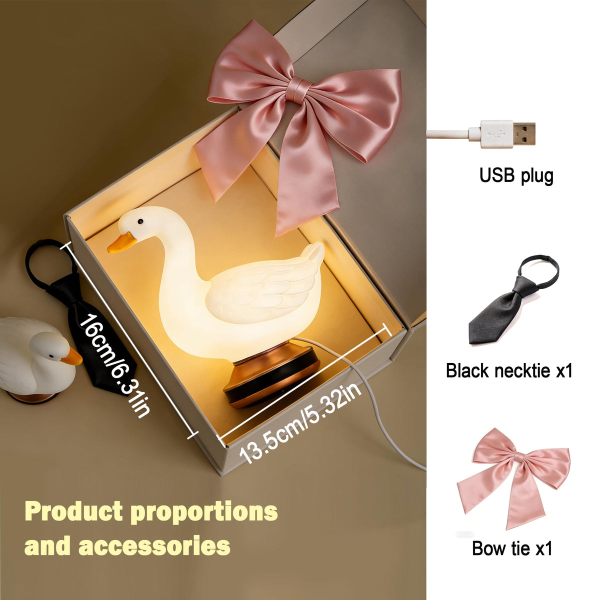 Eastyle Goose Night Light with Bow and Tie Accessories, Decorative Goose Shaped Table Lamp, Warm White USB Plug-in Goose Lamp, Cute Goose Nightlight, Resin Desk Light for Bedroom Shelf Decor Gift