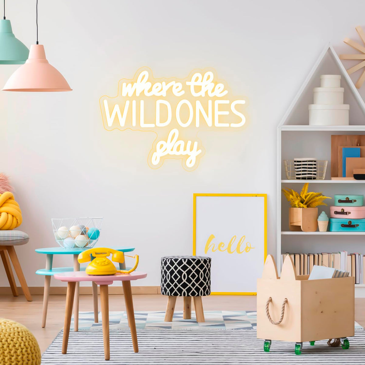Where the Wild Ones Play Neon Sign Dimmable Neon Signs for Wall Decor Letter LED Signs USB Light Up Sign for Playroom Wall Decor Playroom Decoration Essentials