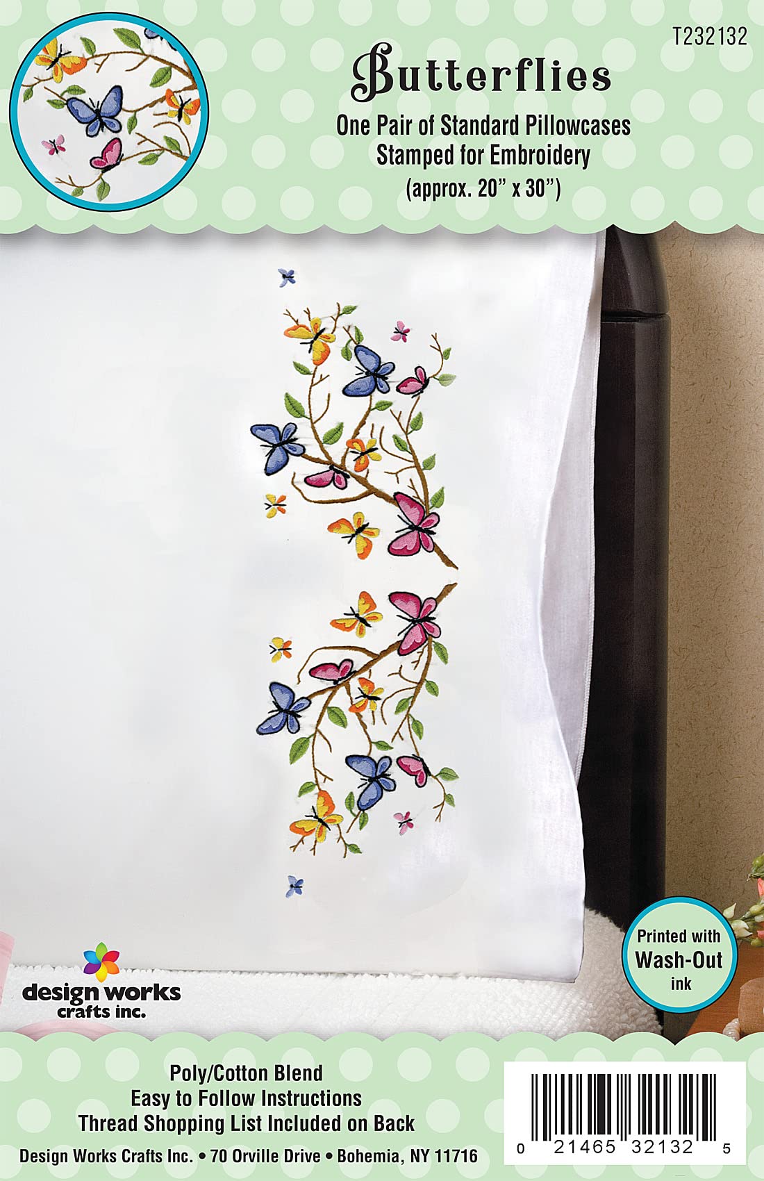 Butterflies Pillowcases - 2 Standard Size (20" x 30") Stamped Embroidery Kit