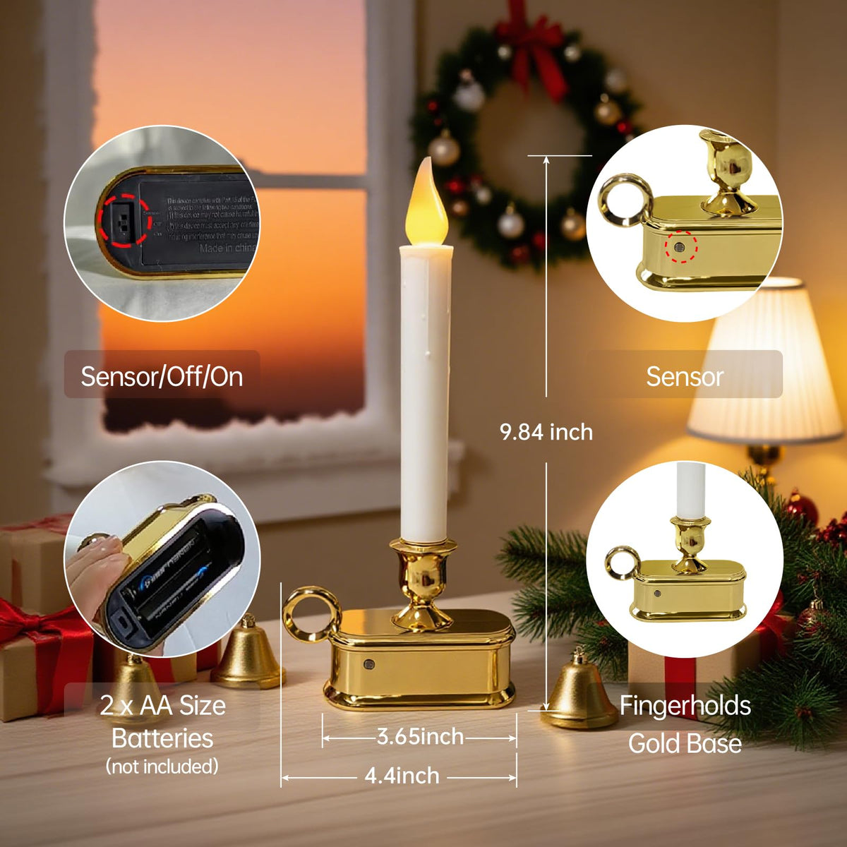 CHYSUPER 4Pack Dusk to Dawn Window Candles Battery Operated, Flameless LED Candles with Light Sensor & 3 Modes, Realistic Flickering Flame for Christmas Holiday Decor