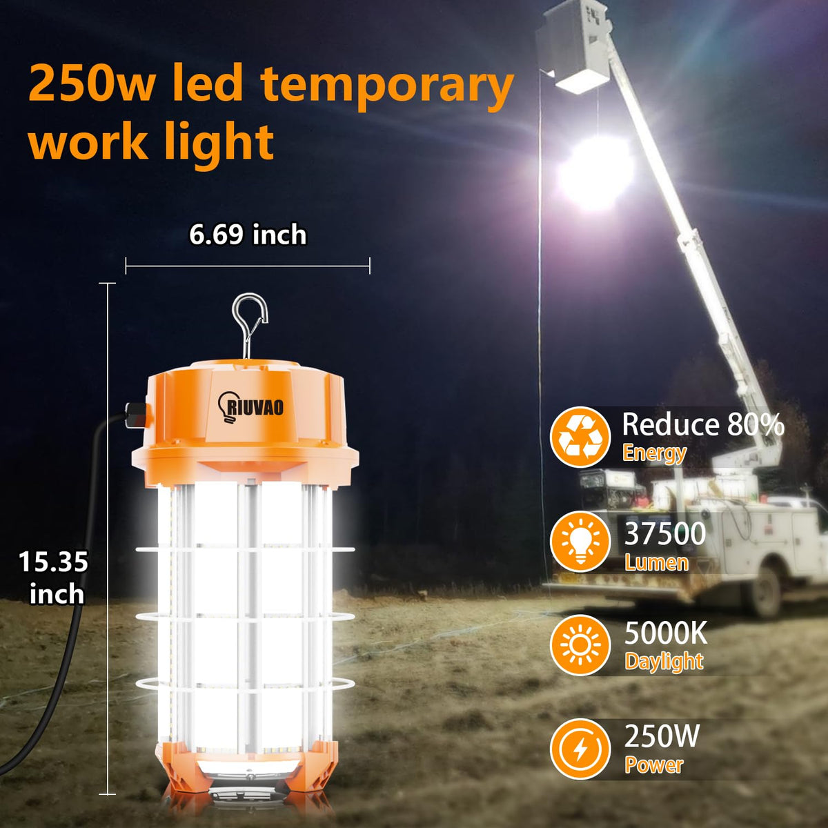 250W LED Temporary Work Light 37500Lm 5000K Construction Lights Led Work Light IP65 Dust Waterproof Portable Lights with Stainless Steel Guard Hook for Mine Wharf Job Site Garage Factory Lighting