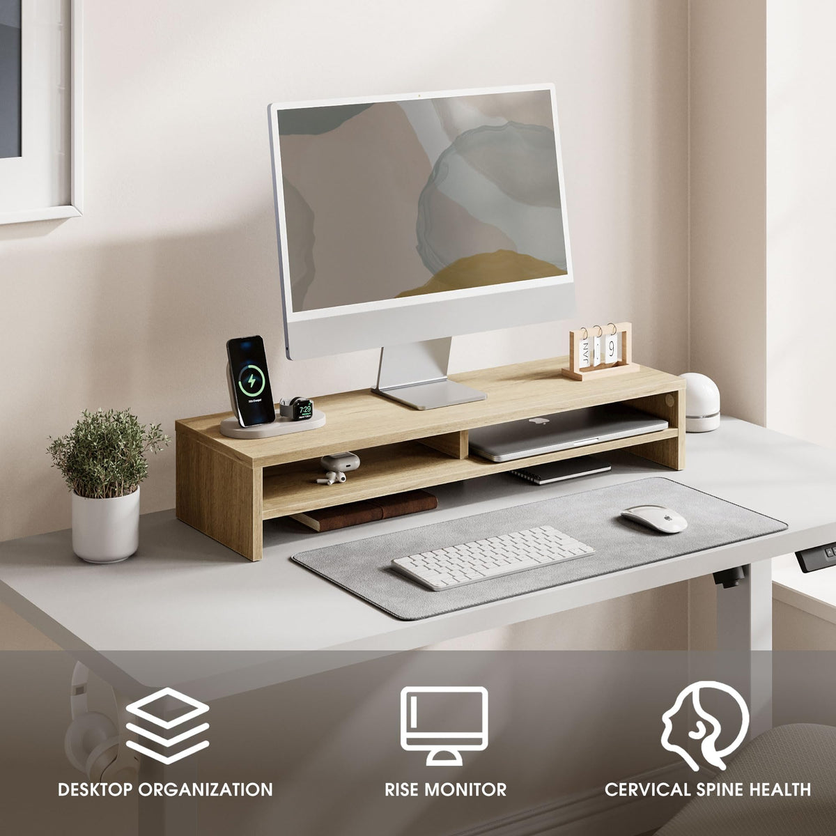 Fenge 31.5 Inch Monitor Stand & 4 Tier Desktop Organizer, Oak