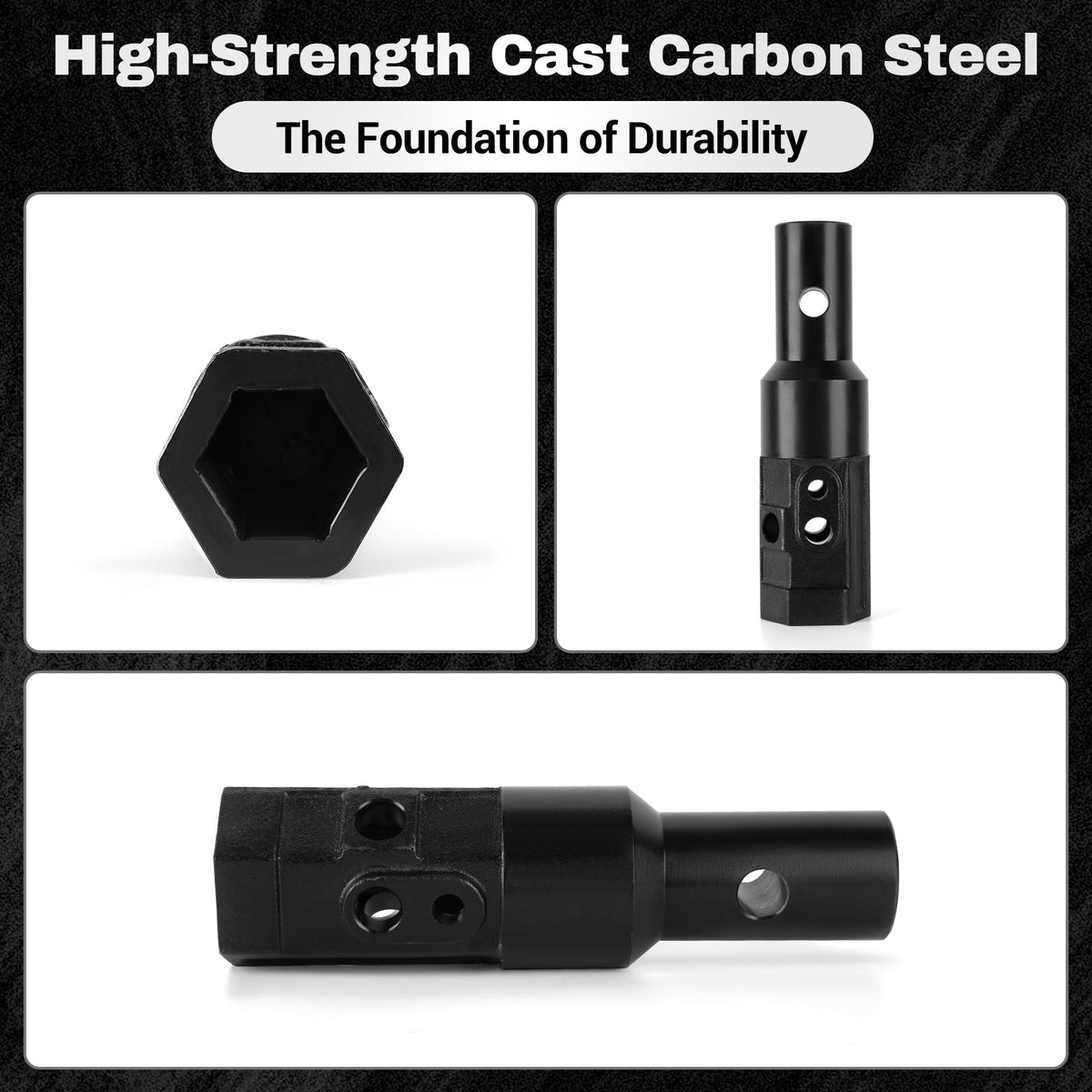 2" Female Hex to 2-9/16" Male Round Auger Adapter Heavy-Duty Auger Coupler Welded Drive Converter for Skid Steer, Tractor, Post Hole Digger & Earth Auger Bit, Fits 3/4" or 7/8" Pins