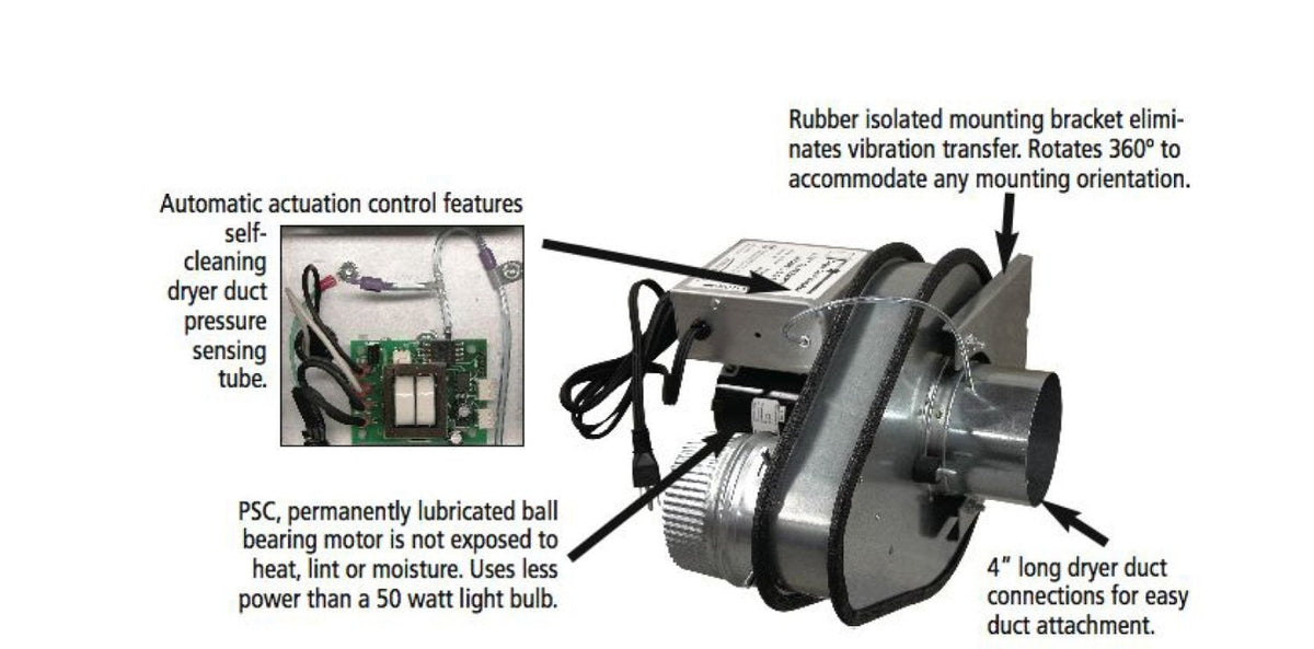 Tjernlund LB2 No-Clog, Zero Maintenance DEDPV Dryer Duct Booster Fan with Automatic Activation
