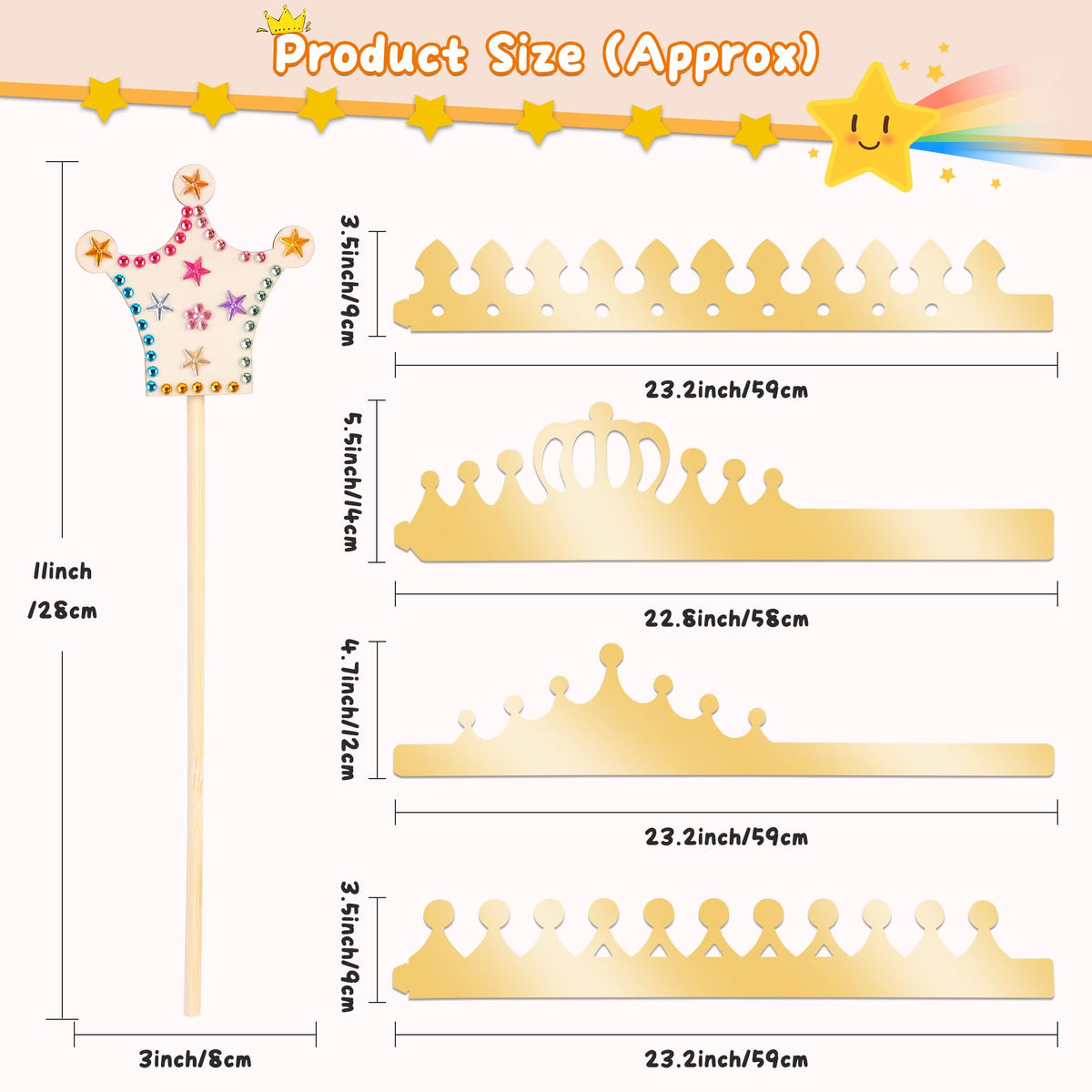 Pllieay Princess Fairy Wands Kit Include 18 Pieces 6 Styles Unfinished Wooden Princess Wand,Gold Paper Crowns, Gem Stickers, Letter and Number Stickers, Princess Art Magical Show for Party Supplies