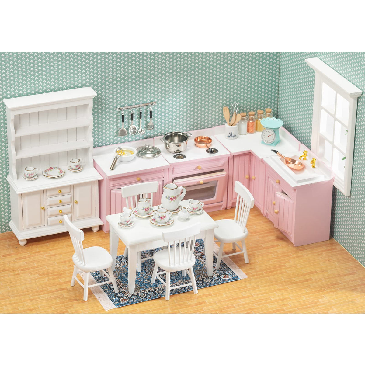 SAMCAMI Miniature Dollhouse Furniture 1 12 Scale - Doll House Furniture Toys for Dollhouse Kitchen - Wooden Dollhouse Furniture Set Incl Dining Table with Chairs, Tea Set, Carpet (White)