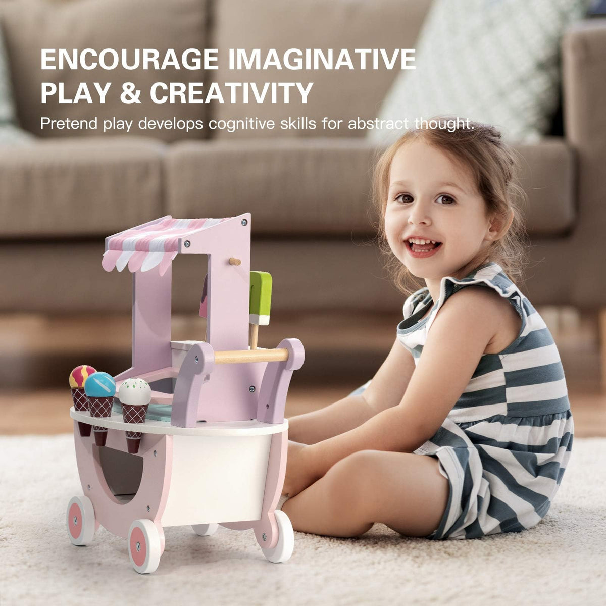 ROBUD Wooden Ice Cream Cart Toys for Kids, Toddlers Pretend Play Food Truck, Gift for Girls and Boys 3 Years & Up, Pink