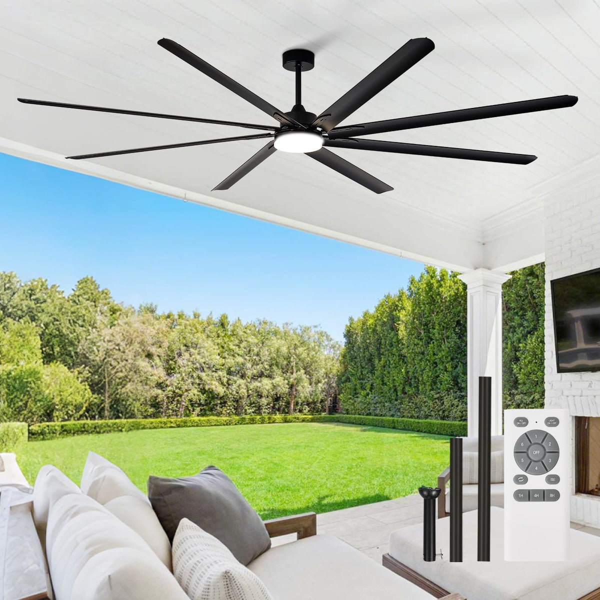 BvenuBigLite Large Ceiling Fan with Light: 100 Inch Outdoor Fan - Industrial Ceiling Fan with Remote for Shop Garage Patio Black