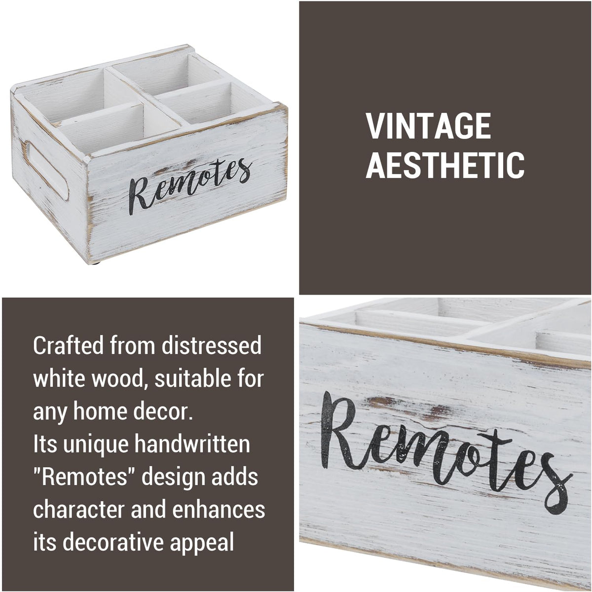 MyGift Wood Remote Control Holder Organizer with 4 Compartments, Media Remote Caddy Storage with Cursive REMOTES Design, Whitewashed