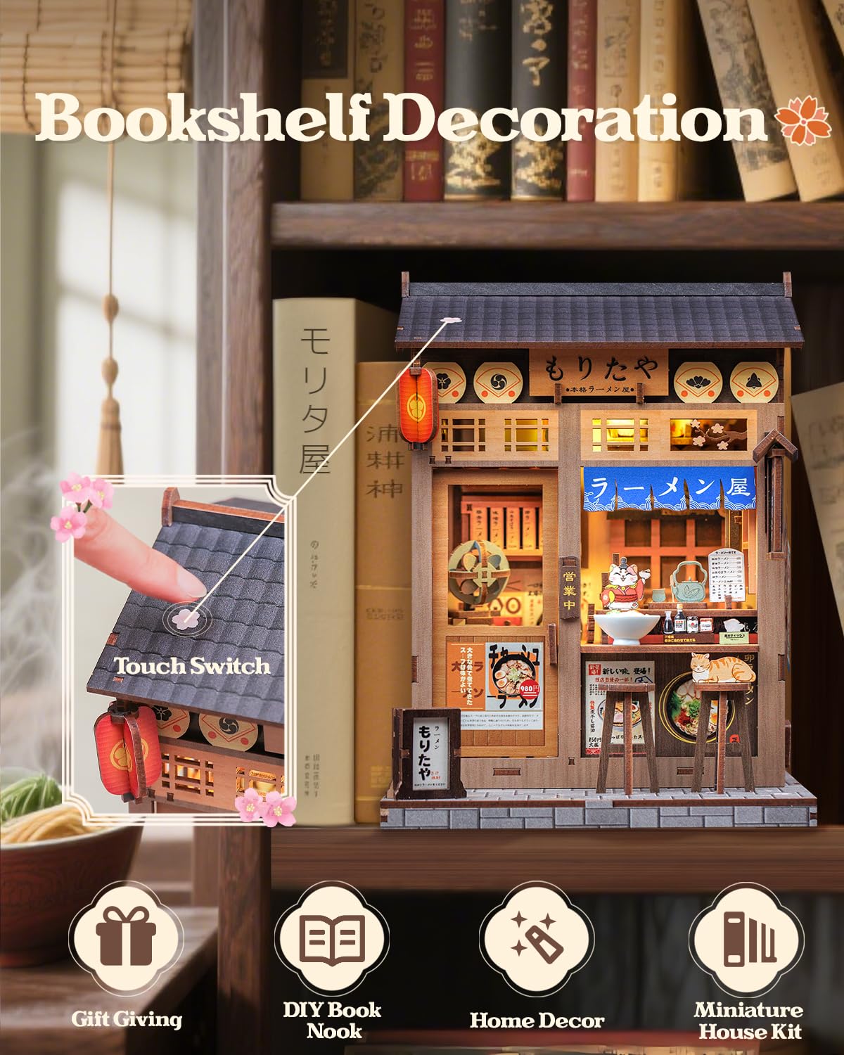 CUTEBEE Book Nook Kit - DIY Miniature House Dollhouse Kit for Adults and Teens, Booknook Tiny Japanese House Bookshelf Decor 3D Wooden Puzzle, Gifts for Family, Friends (Morita-Ya)