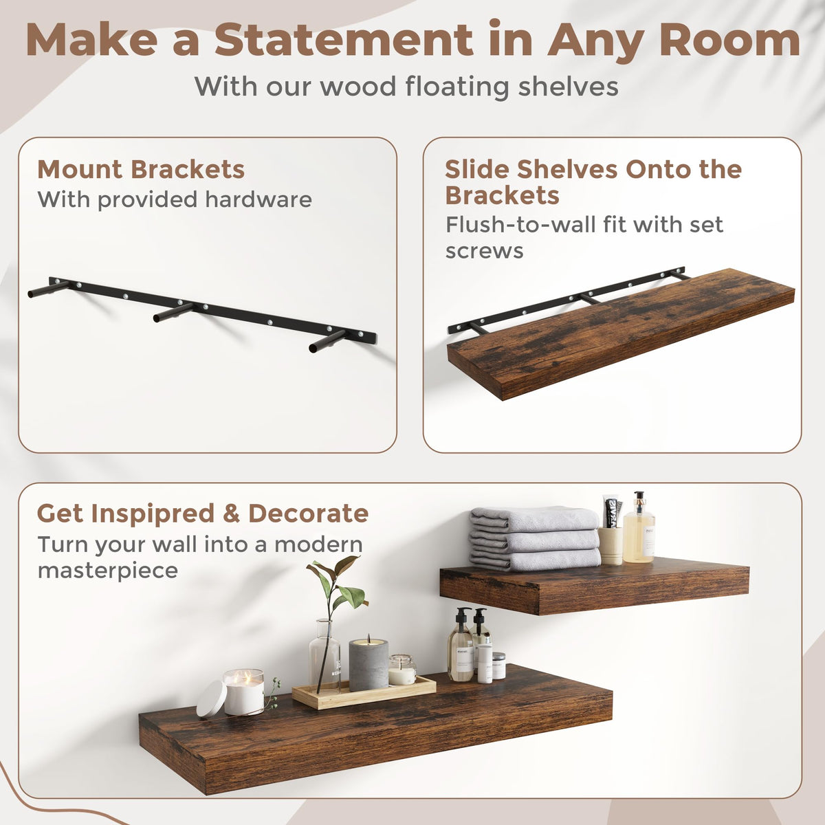72 Inch Long Floating Shelves for Wall 2 Pack, 12"D Wood Grain Bathroom Shelves with Invisible Brackets, Easy Install Engineered Wood Storage Shelves for Kitchen, Living Room, Bedroom, Rustic Brown