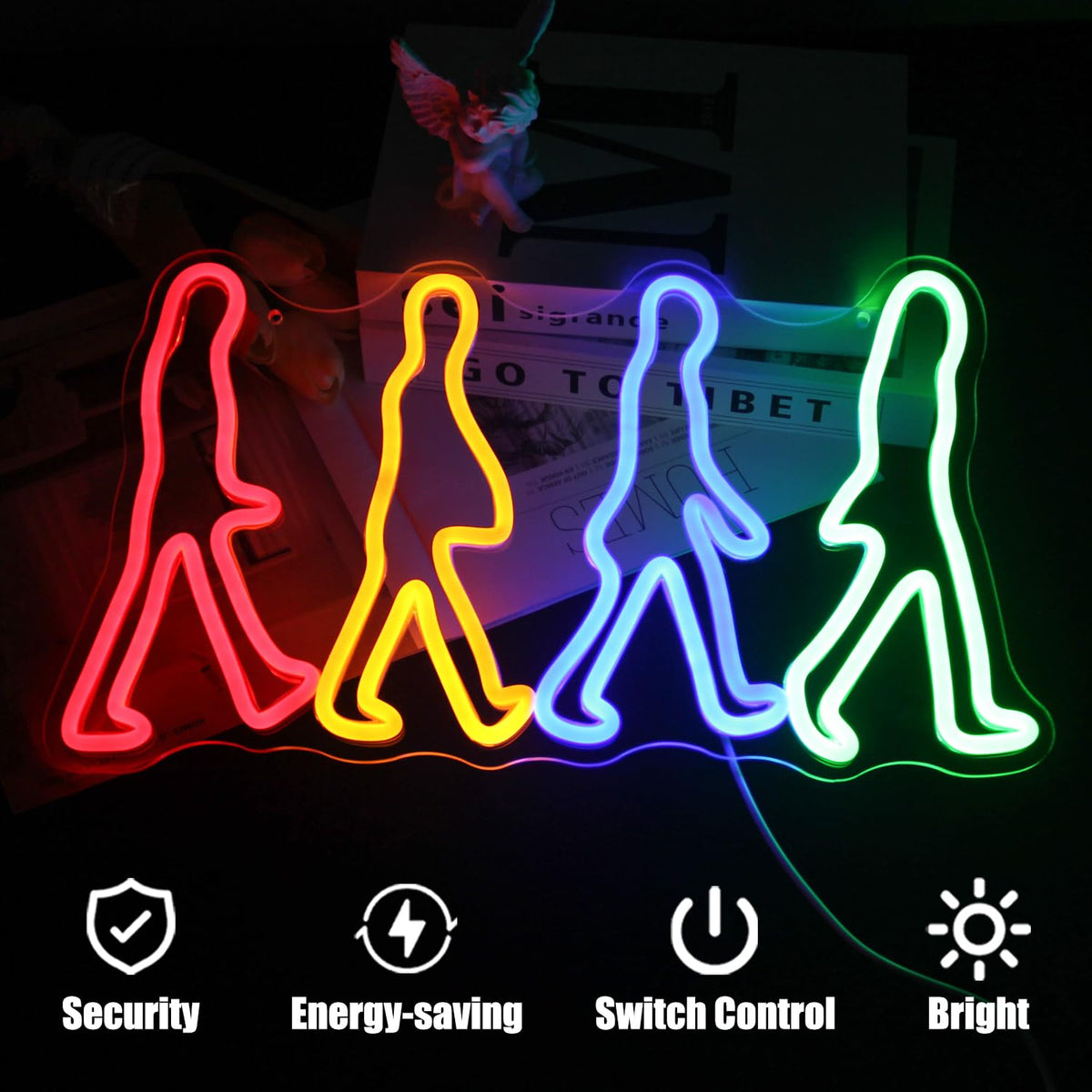 Rock Band Neon Sign Four People Walking Neon Lights for Bedroom Music LED Sign Abbey Road Wall Art Light Up Sign for Game Room Man Cave Decor Rock Music Fans Gifts