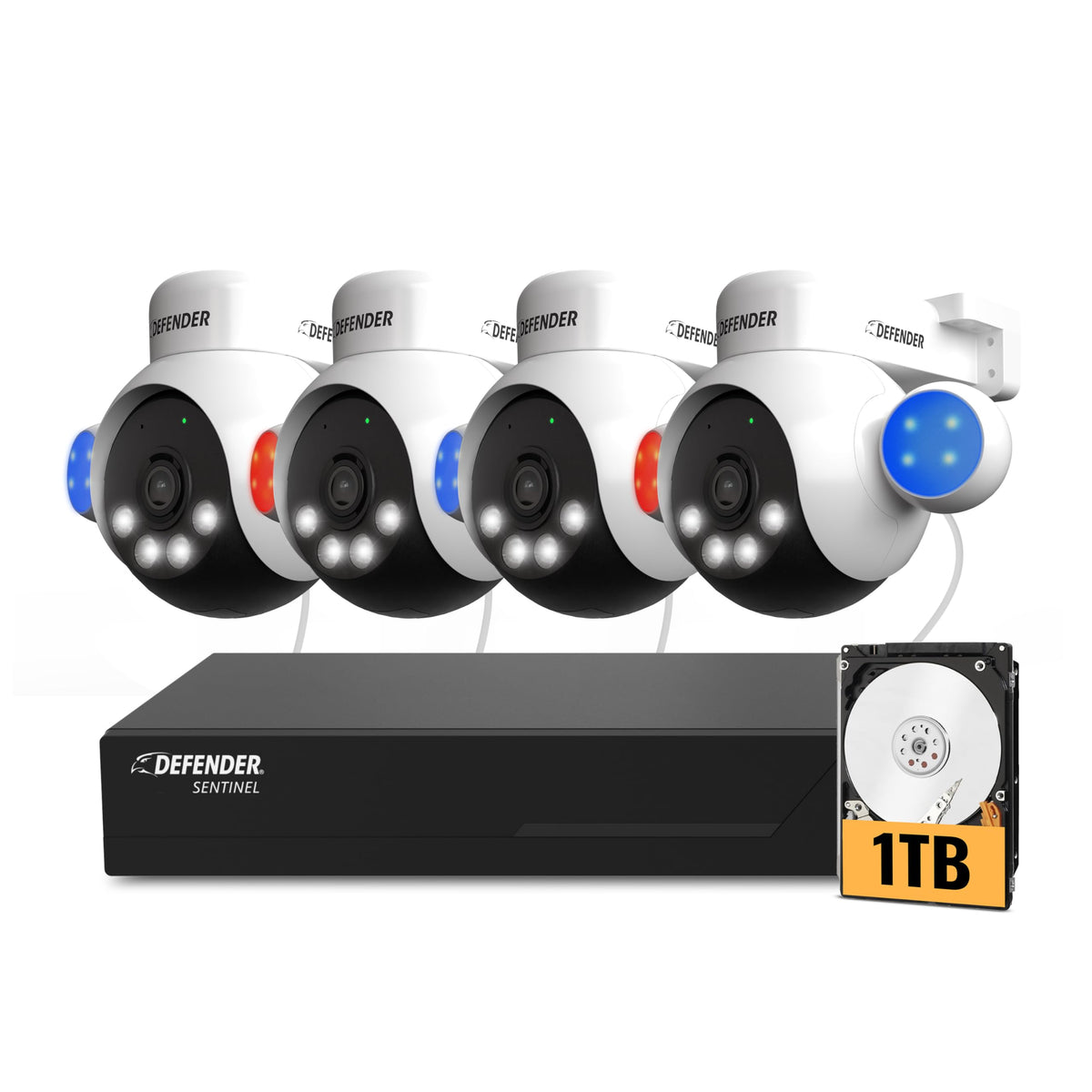 Defender AI Powered Sentinel 4K Wired Security Camera System, 360° PTZ Security Camera System with AI Tracking, Smart Human Detection, Blue-Red Light Deterrence, and Color Night Vision | 4 Cameras 1TB